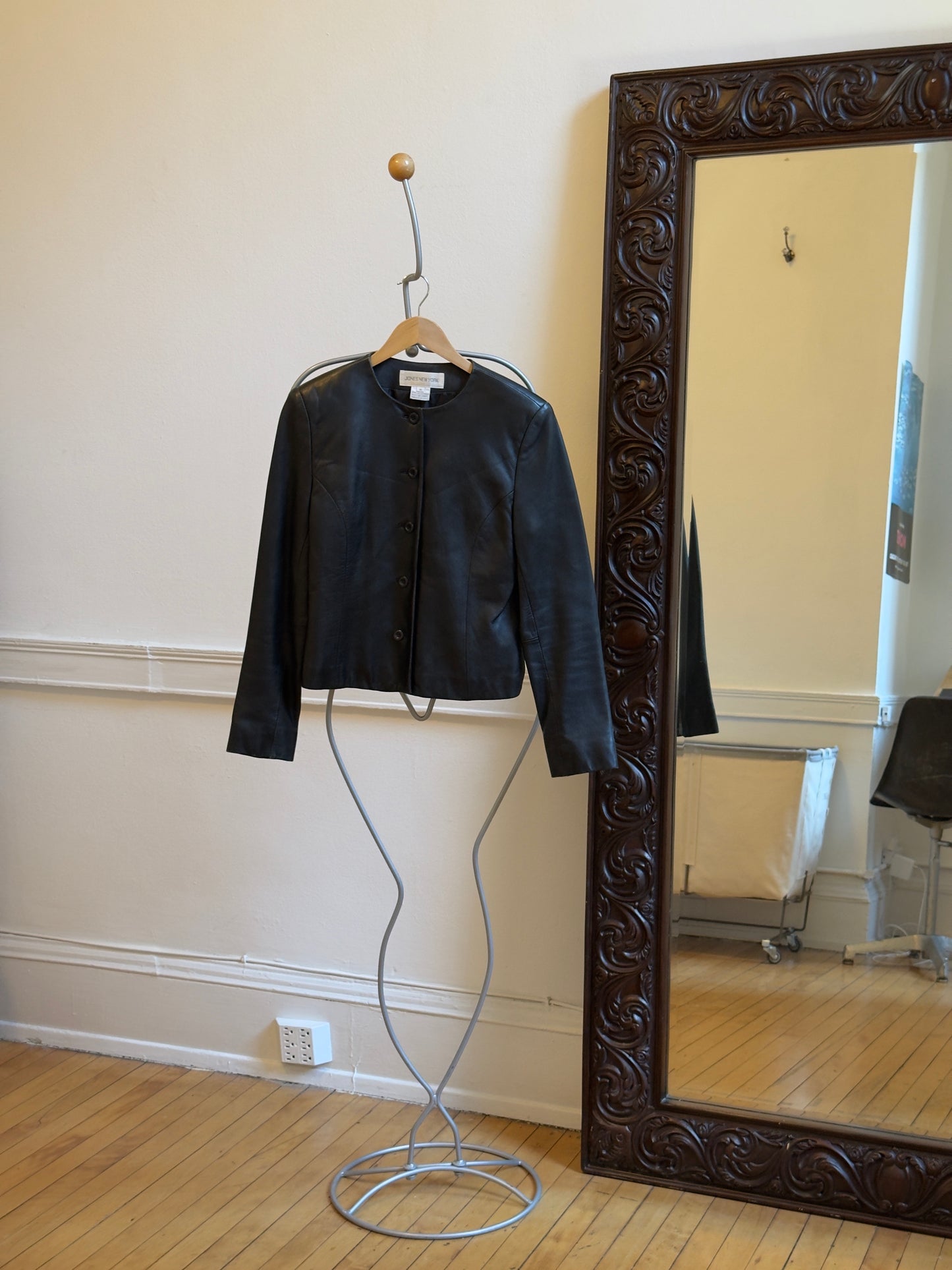 Vintage 90's Black Collarless Button-Up Leather Jacket