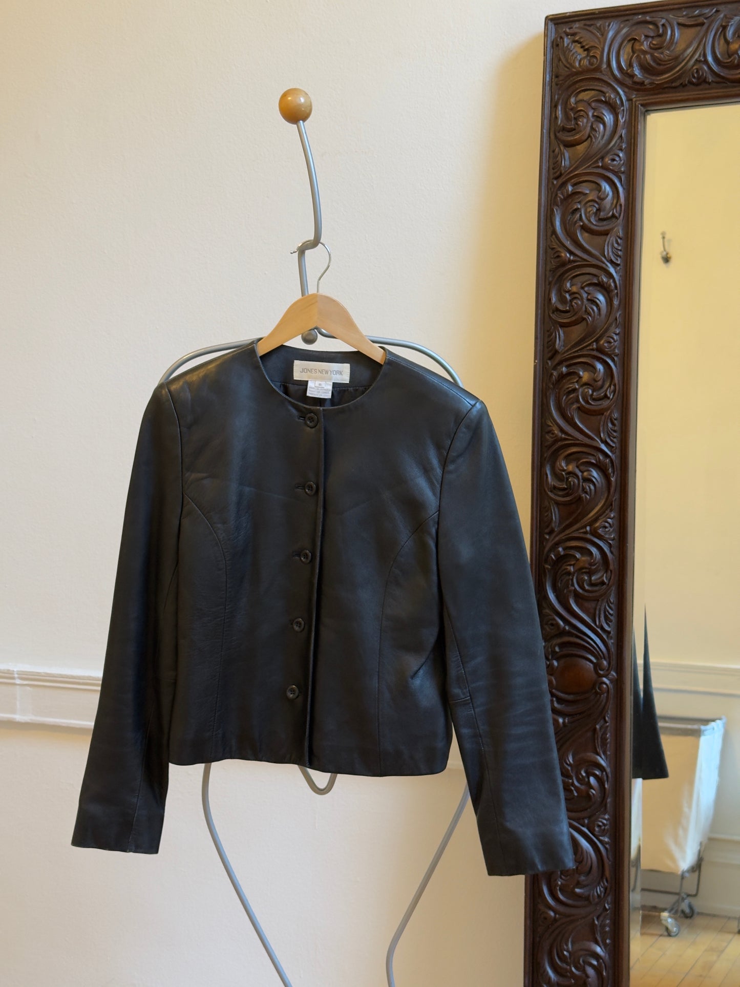 Vintage 90's Black Collarless Button-Up Leather Jacket