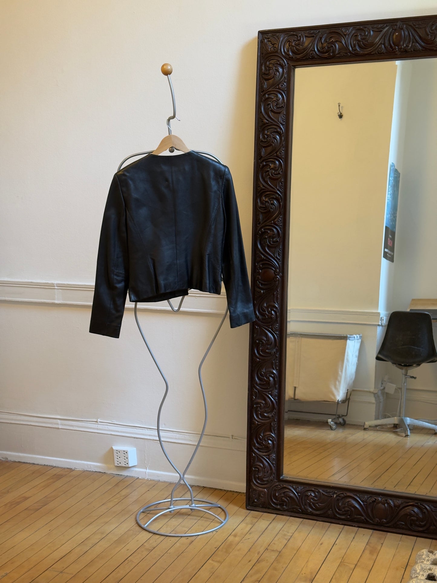 Vintage 90's Black Collarless Button-Up Leather Jacket