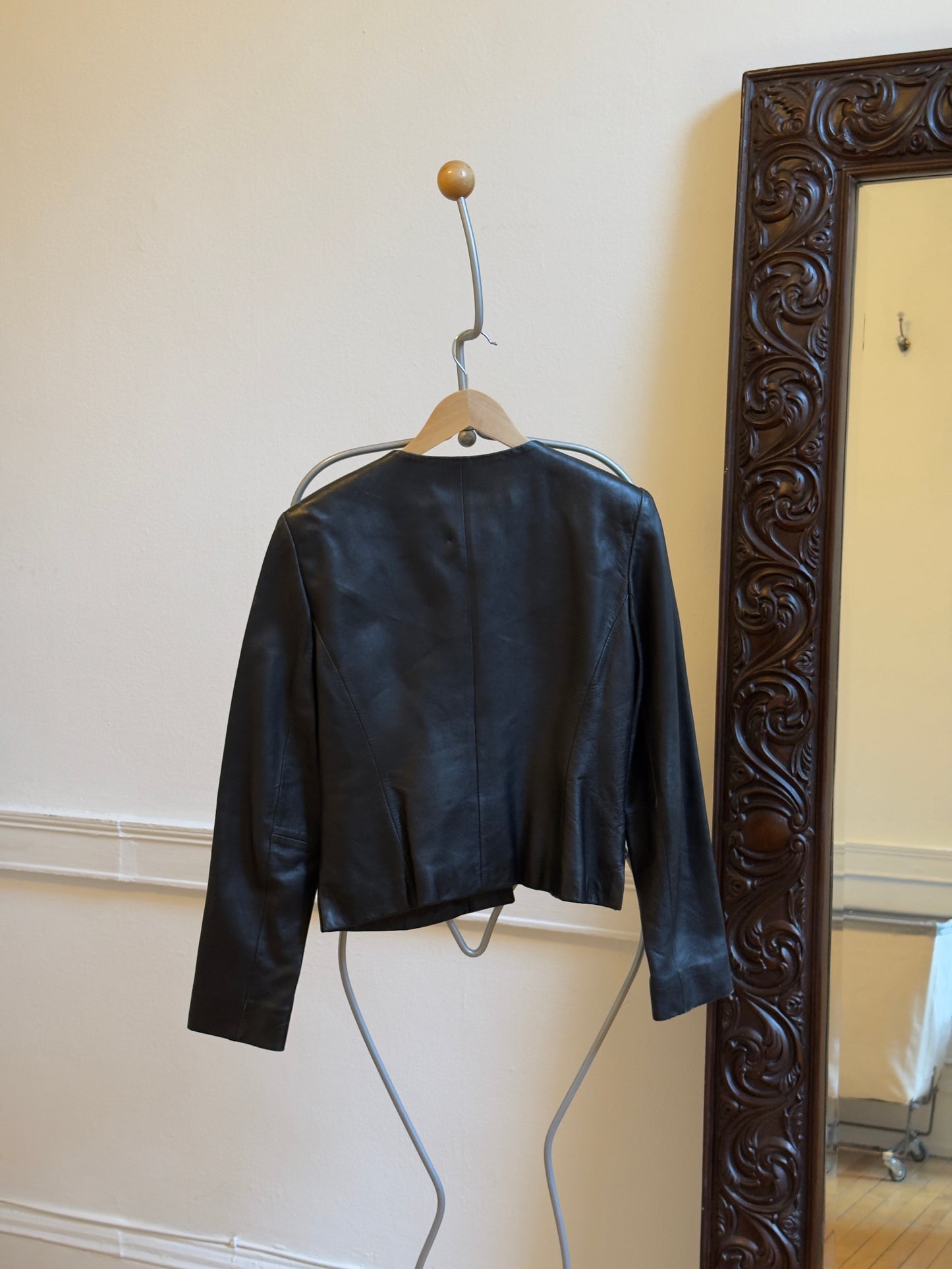 Vintage 90's Black Collarless Button-Up Leather Jacket