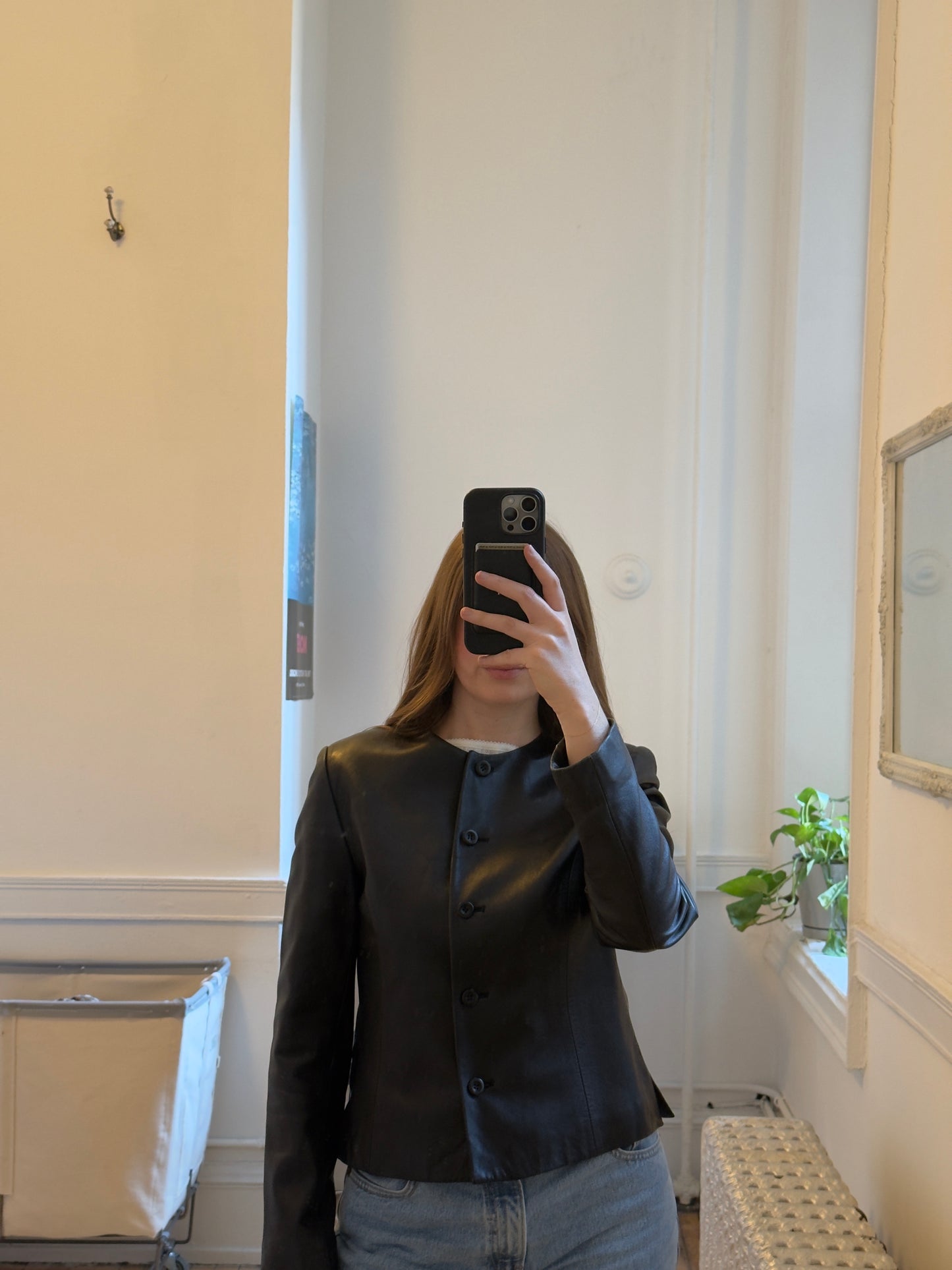 Vintage 90's Black Collarless Button-Up Leather Jacket