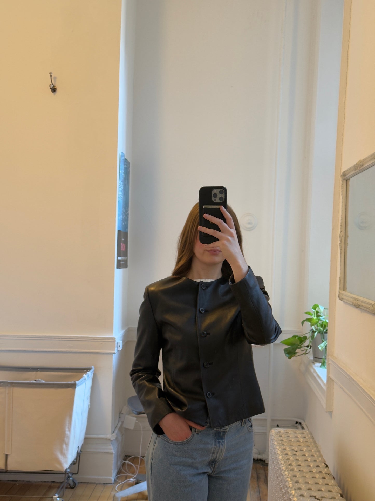 Vintage 90's Black Collarless Button-Up Leather Jacket