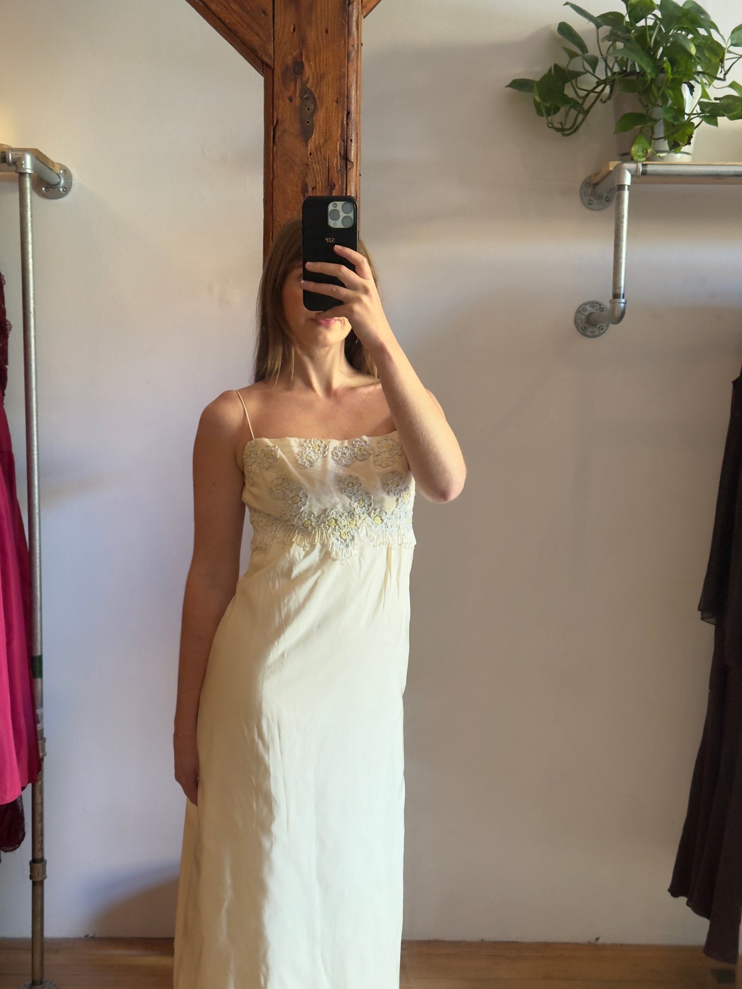 Vintage 60's Satin Wedding Dress with Embroidered Flowers and Fringe Beading
