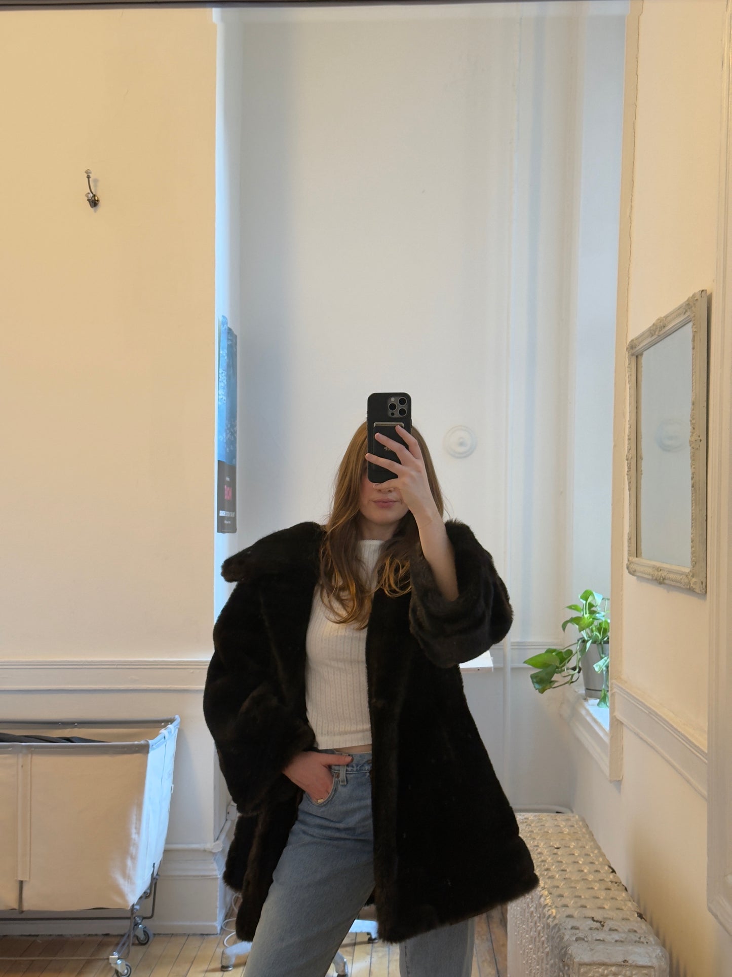 Vintage 70's Dark Brown Faux Fur Midi Coat