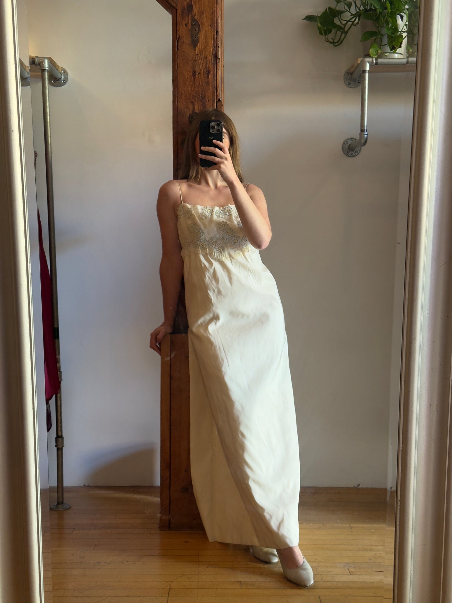 Vintage 60's Satin Wedding Dress with Embroidered Flowers and Fringe Beading