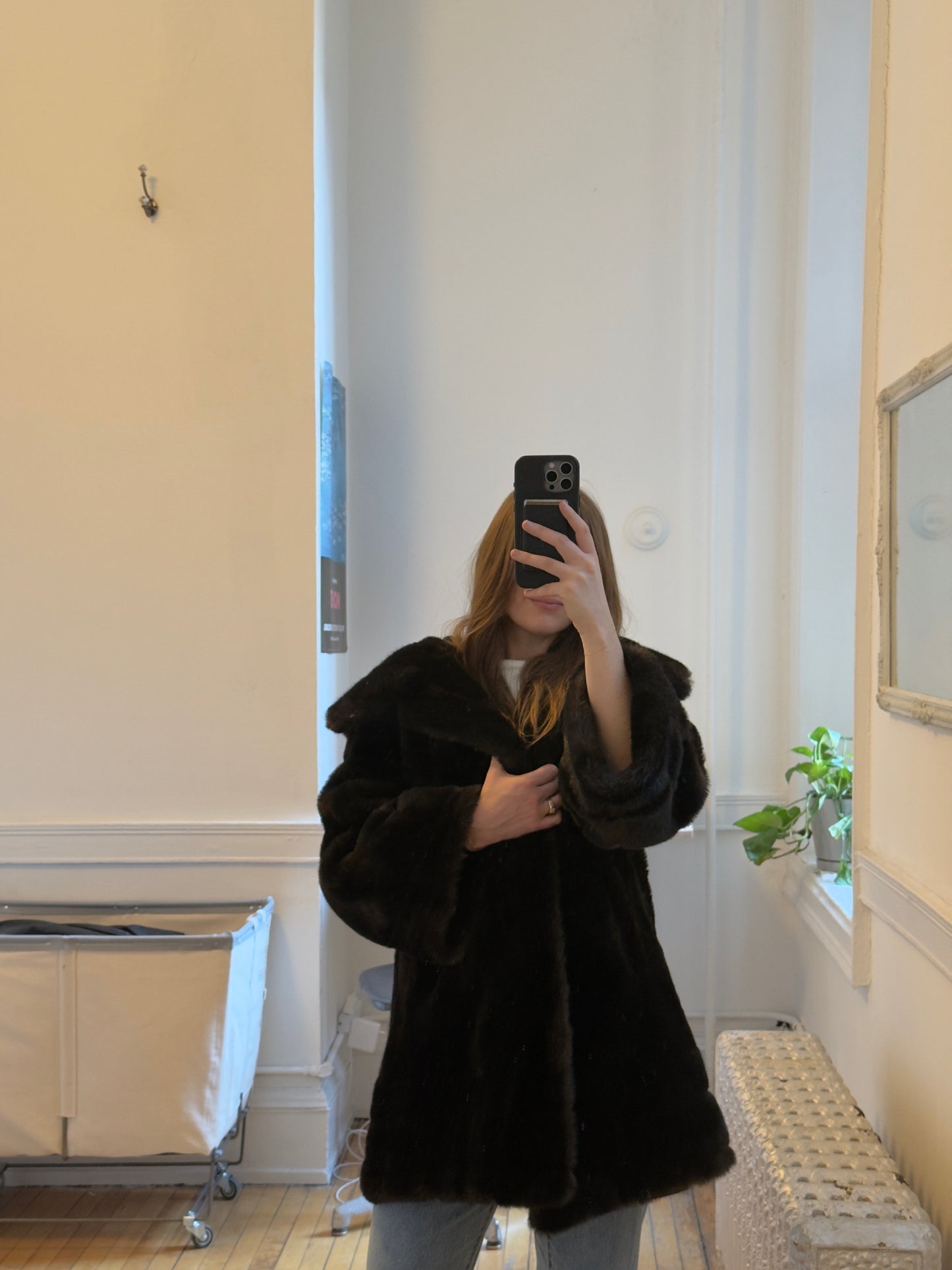 Vintage 70's Dark Brown Faux Fur Midi Coat