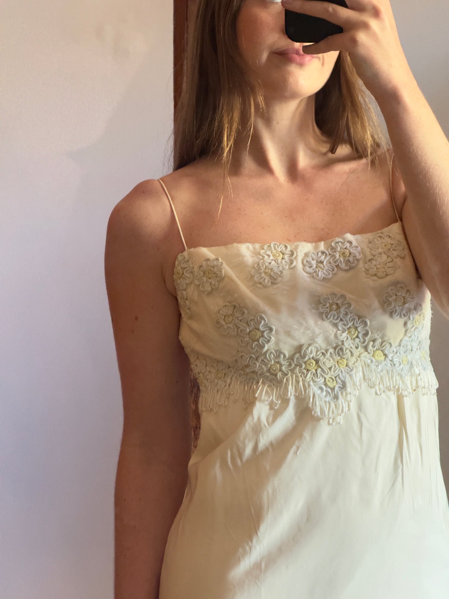 Vintage 60's Satin Wedding Dress with Embroidered Flowers and Fringe Beading
