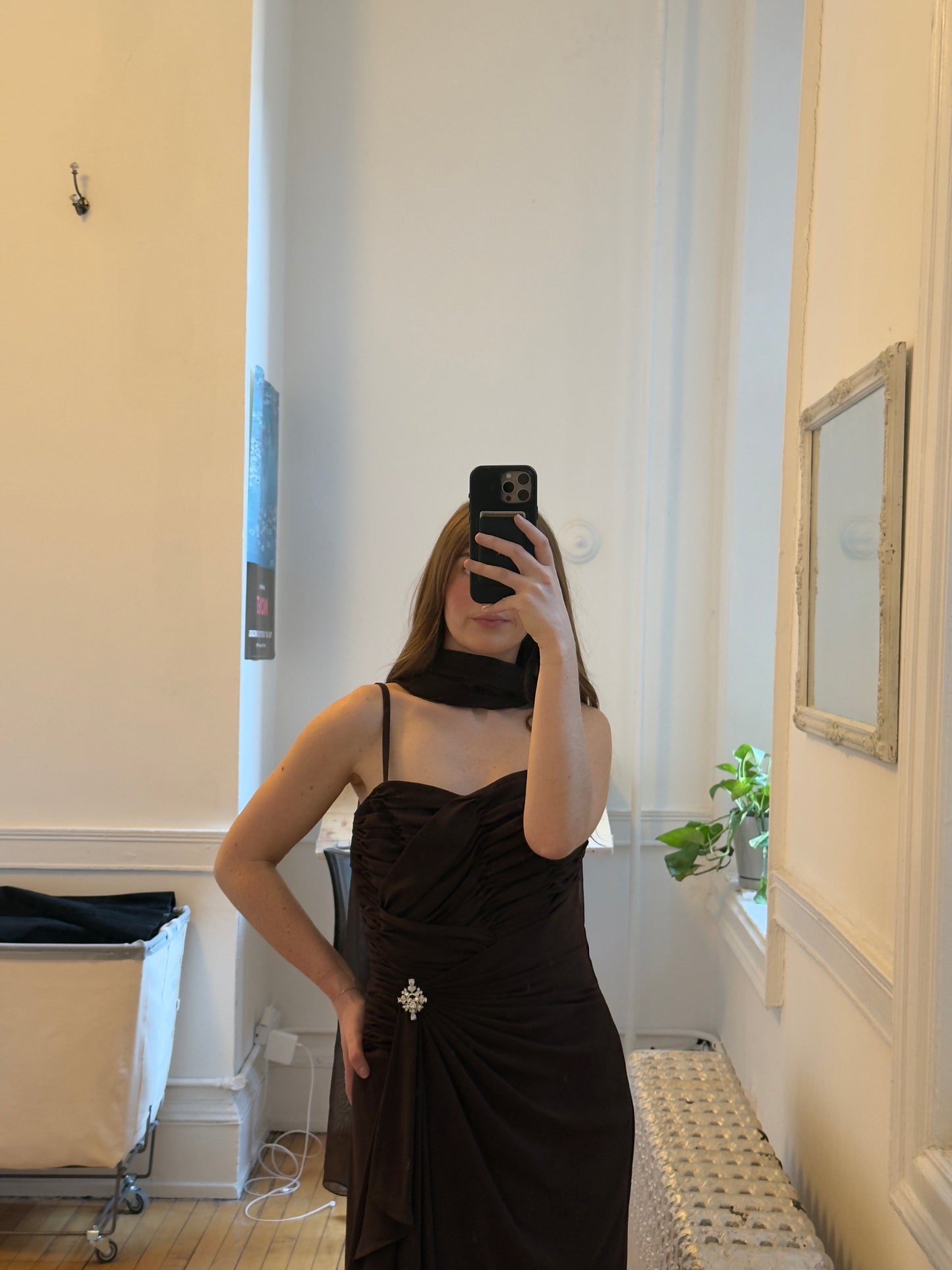 Vintage 80's Brown Chiffon Evening Dress with Neck Scarf