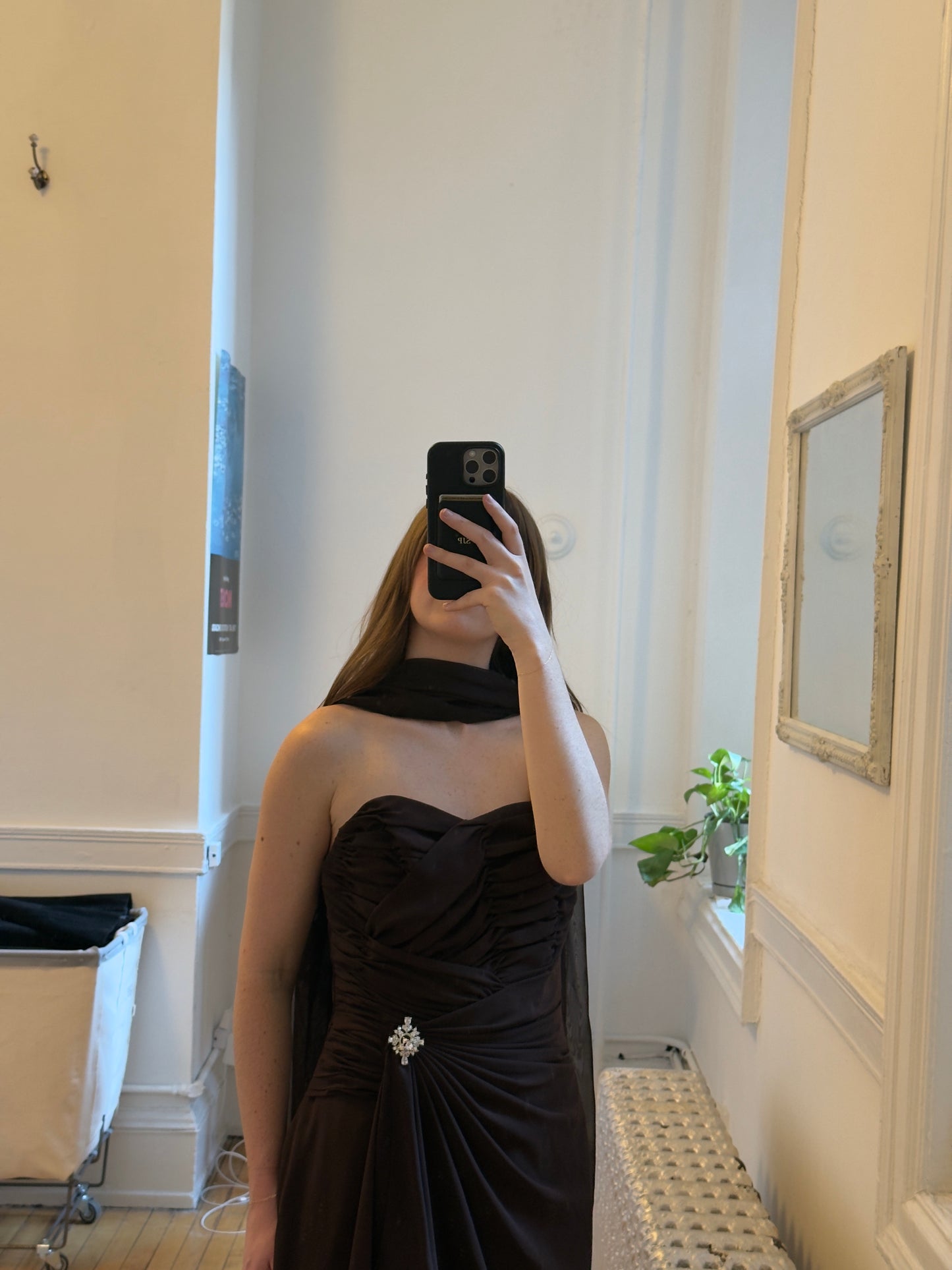 Vintage 80's Brown Chiffon Evening Dress with Neck Scarf
