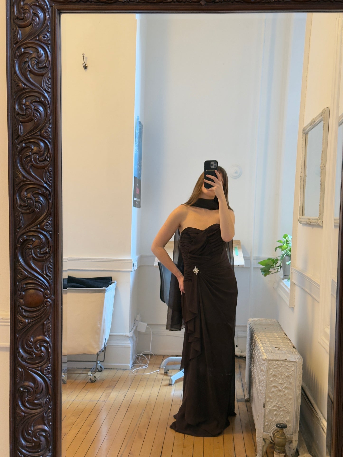Vintage 80's Brown Chiffon Evening Dress with Neck Scarf