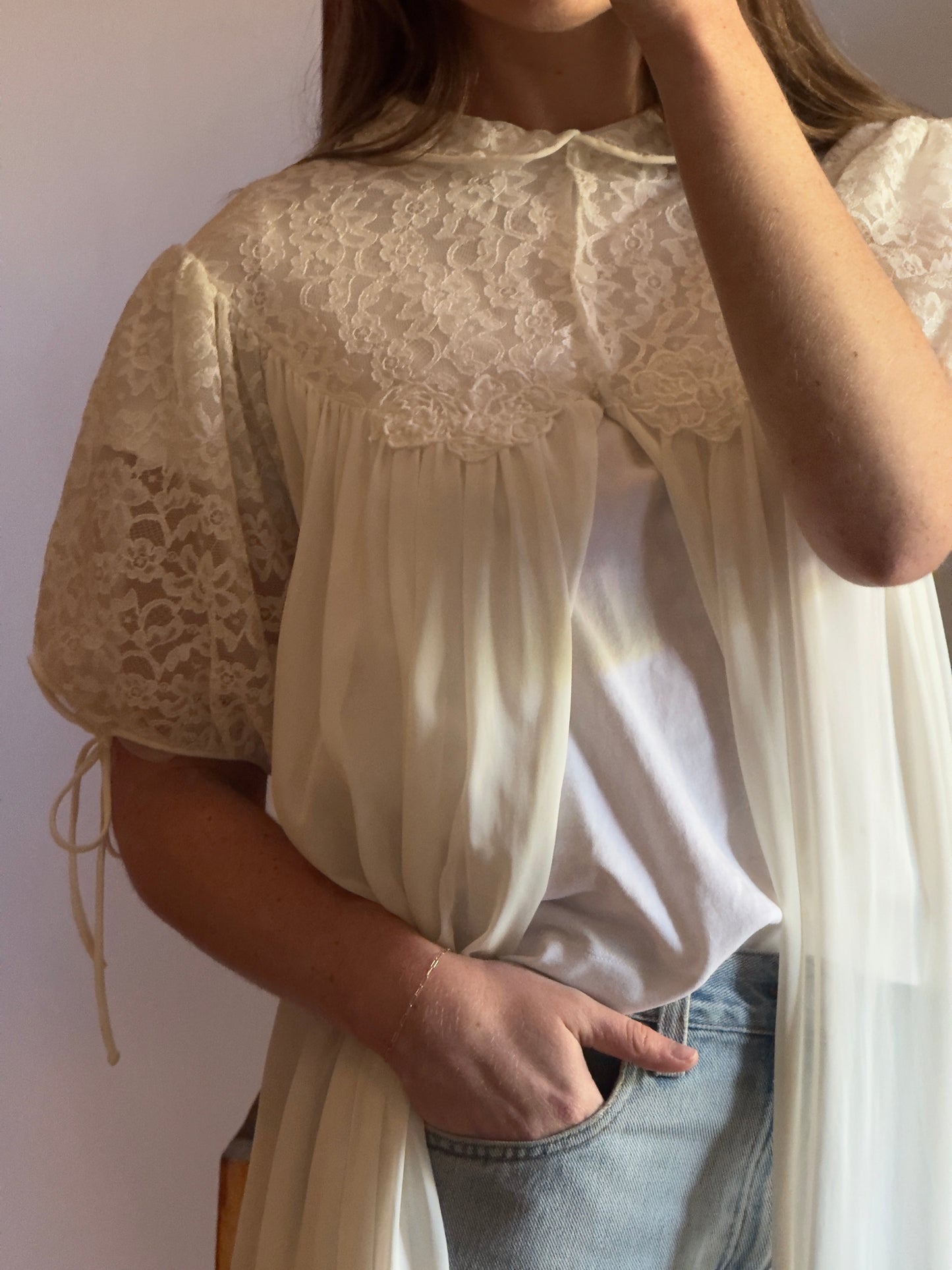 Vintage 60's Puff Sleeve Chiffon and Nylon Lace Peignoir Robe