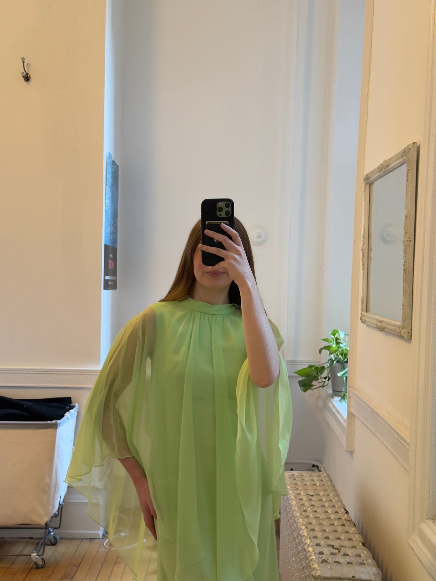 Vintage 70's Chartreuse Evening Dress with Sheer Cape Overlay