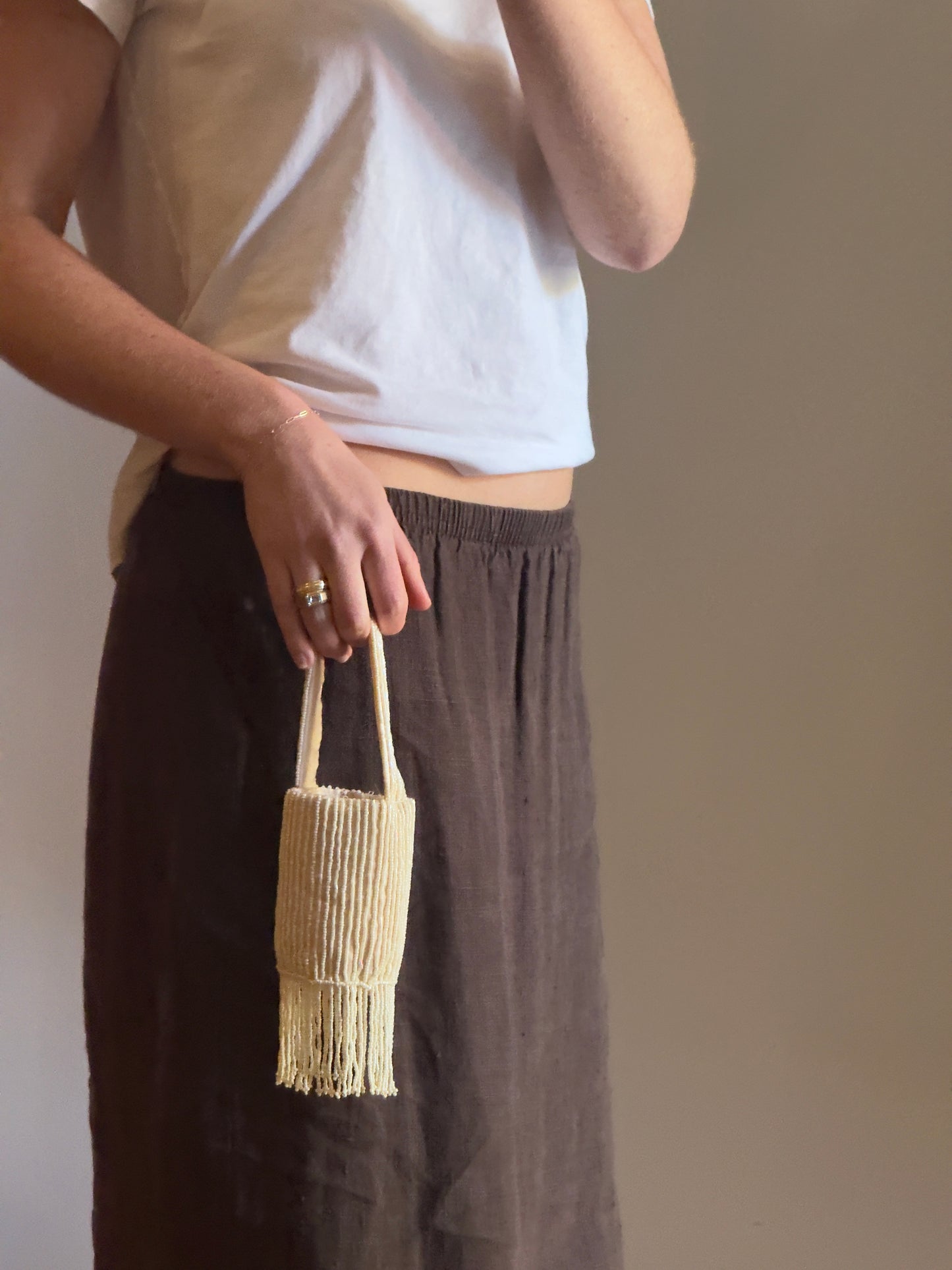 Vintage Ivory Ultra Mini Satin Lipstick Purse with Fringe Beading