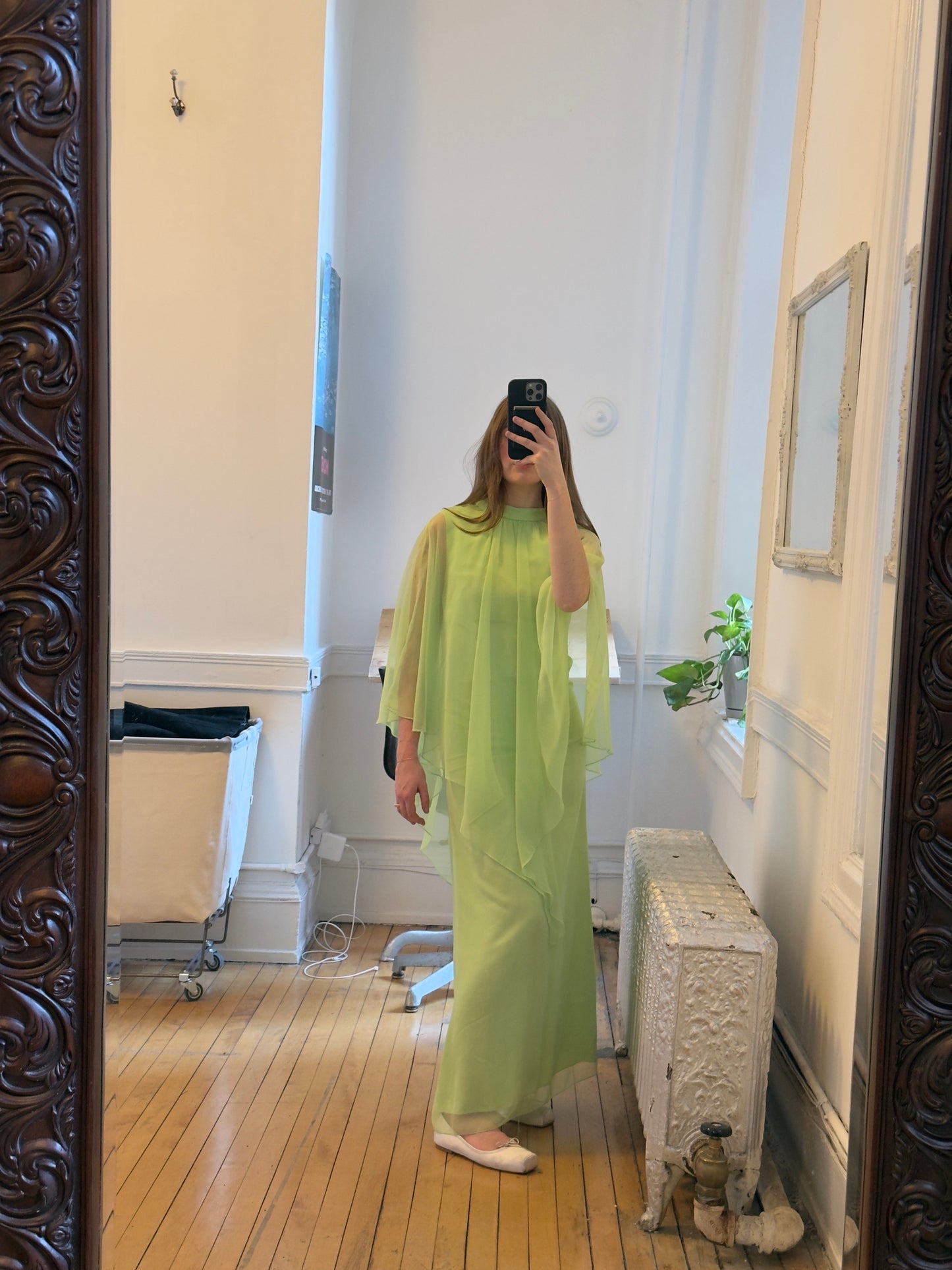 Vintage 70's Chartreuse Evening Dress with Sheer Cape Overlay