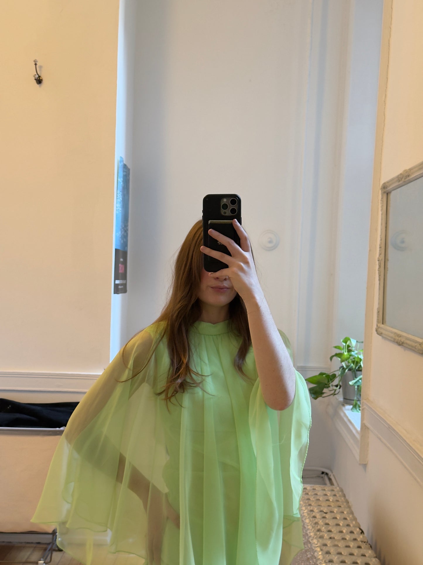 Vintage 70's Chartreuse Evening Dress with Sheer Cape Overlay