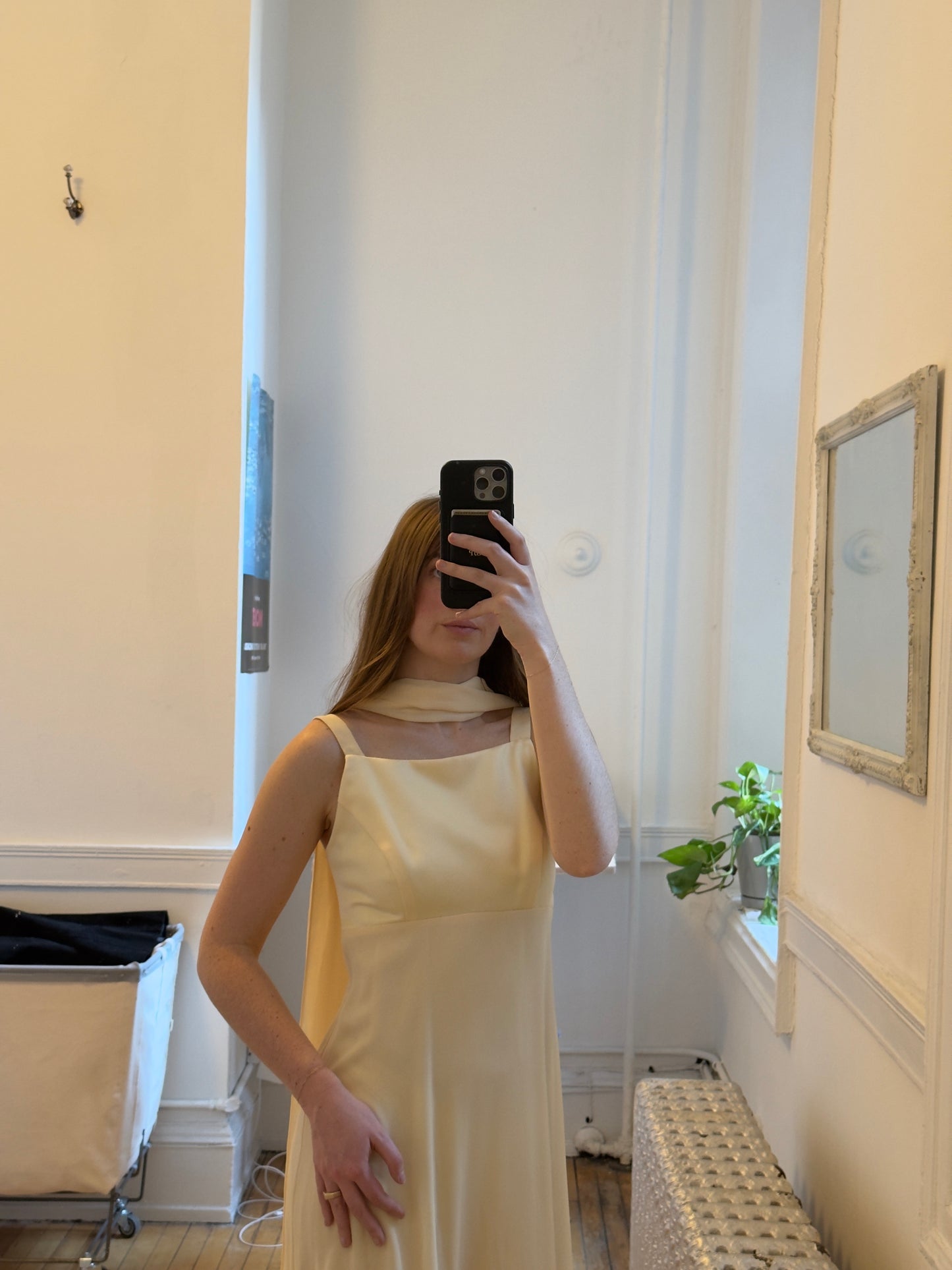 Vintage 80's Butter Yellow Evening Dress with Neck Scarf