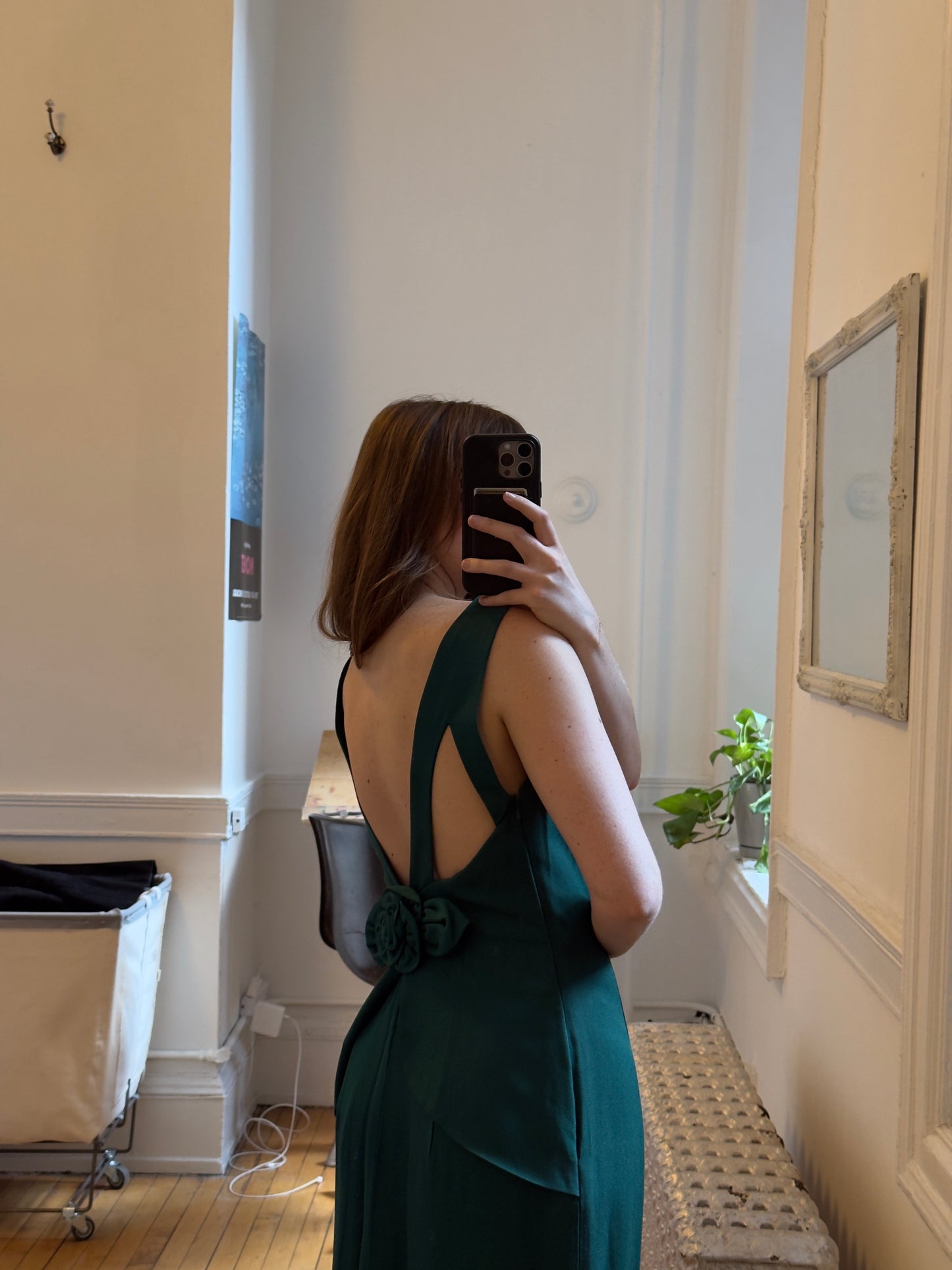 Vintage 90's Emerald Green Evening Dress with Rosette Details