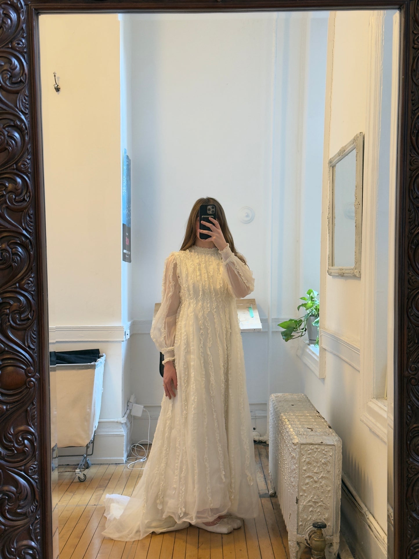 Vintage 60's Sheer Chiffon Wedding Dress with Lace Ruffles