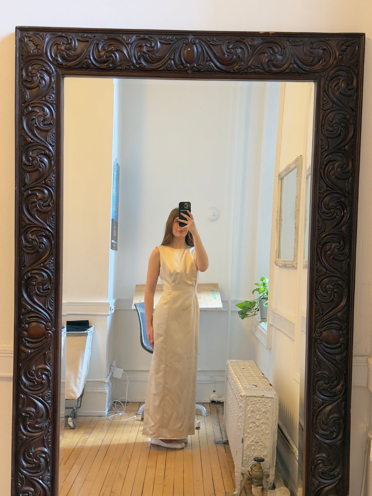 Vintage 70's Cream Satin Bridal Dress with Rosettes
