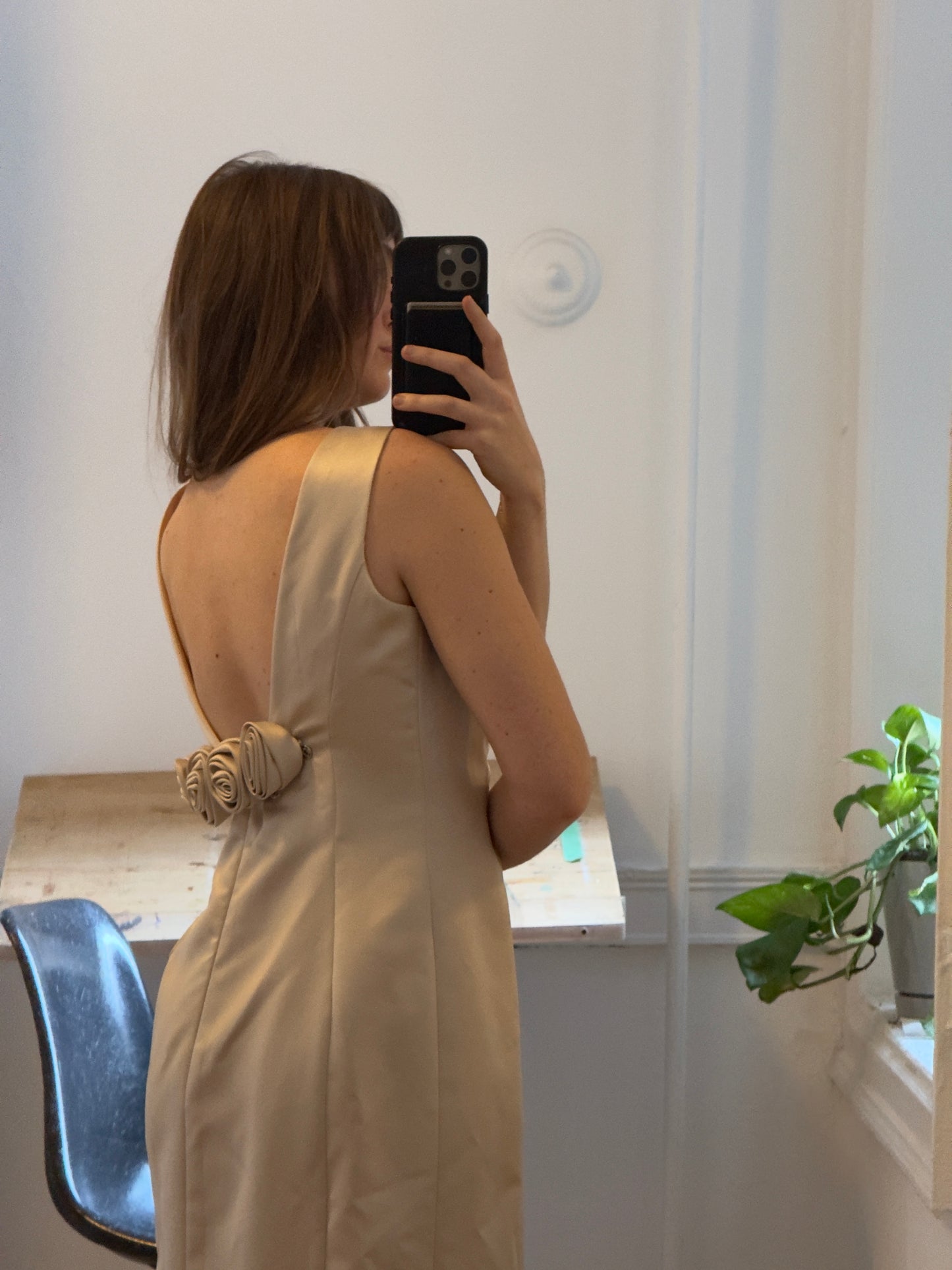 Vintage 70's Cream Satin Bridal Dress with Rosettes