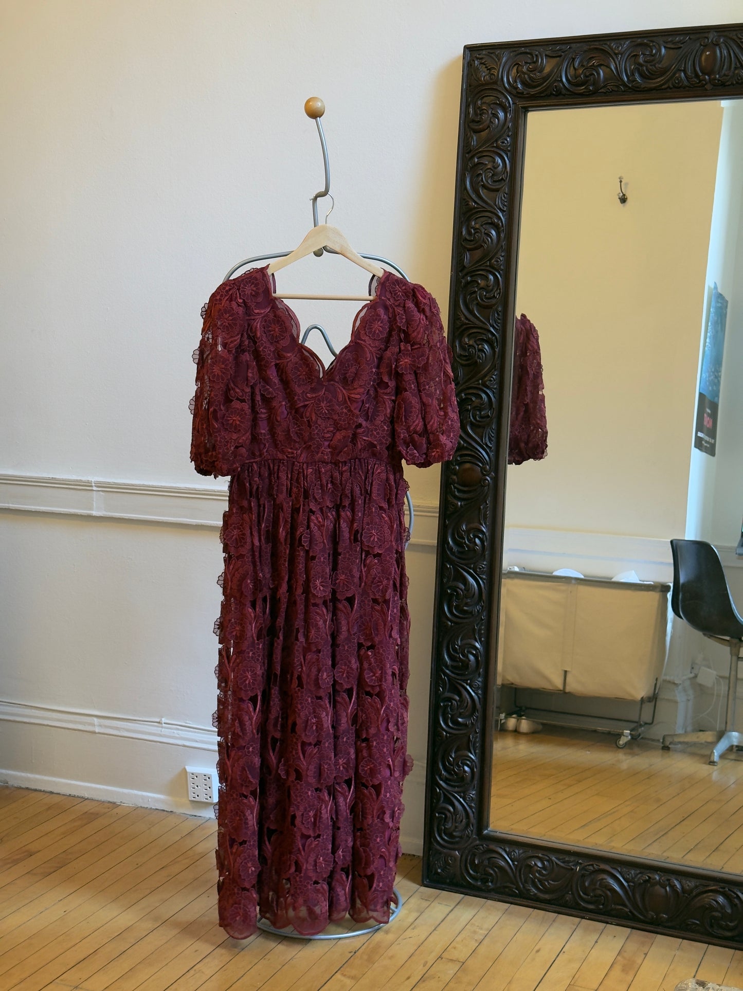 Vintage 70's Burgundy Red Embroidered Evening Dress