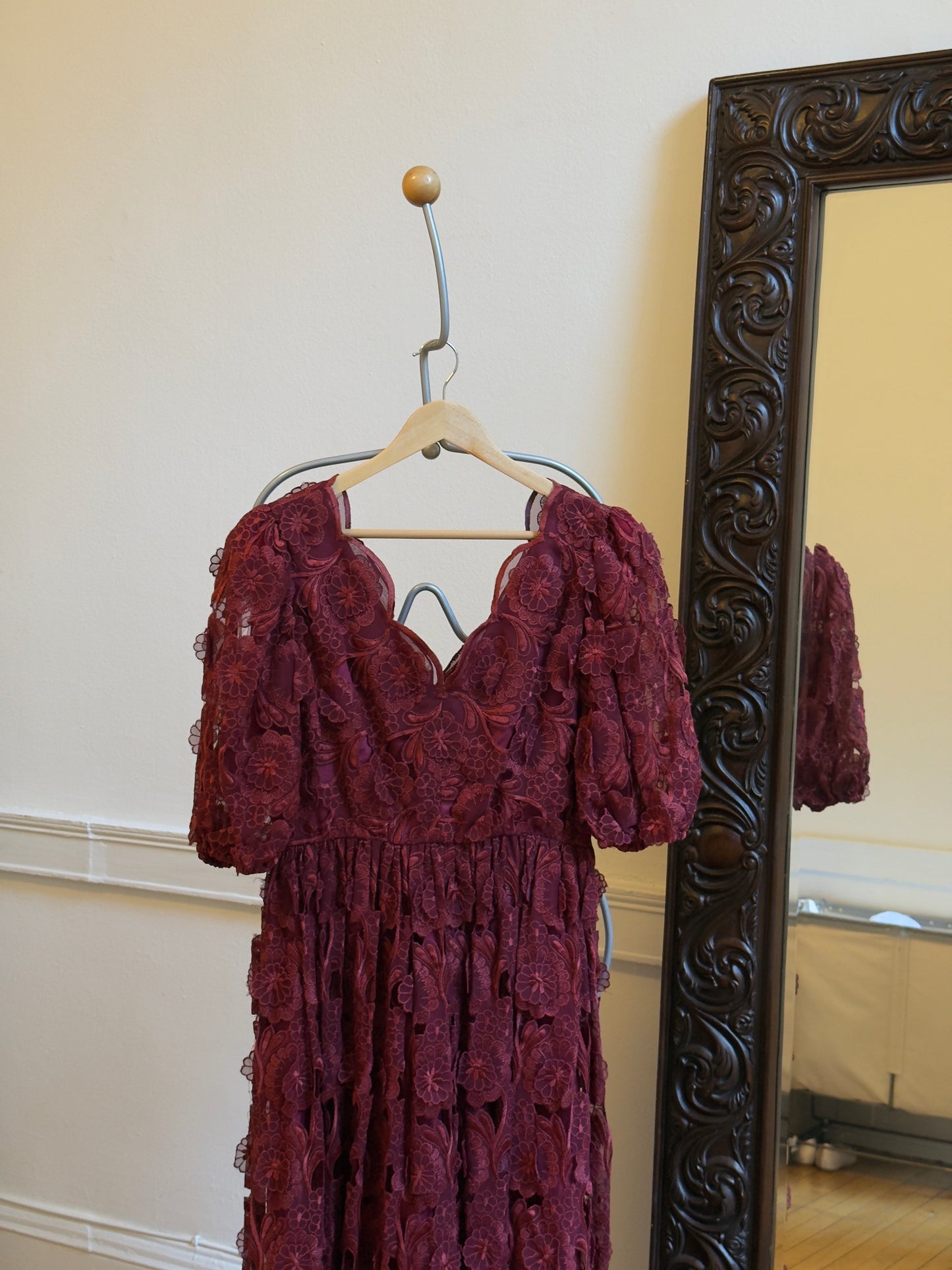 Vintage 70's Burgundy Red Embroidered Evening Dress