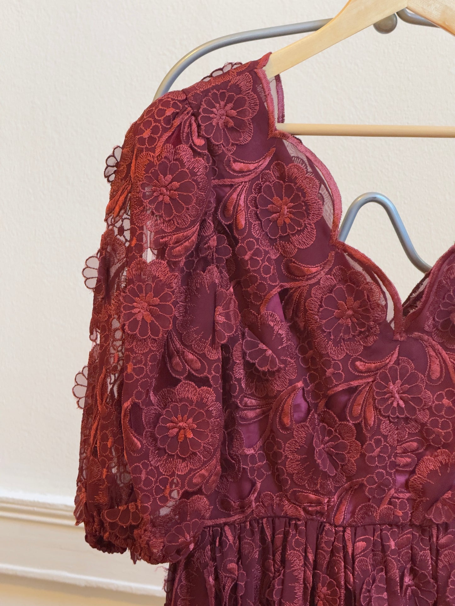 Vintage 70's Burgundy Red Embroidered Evening Dress