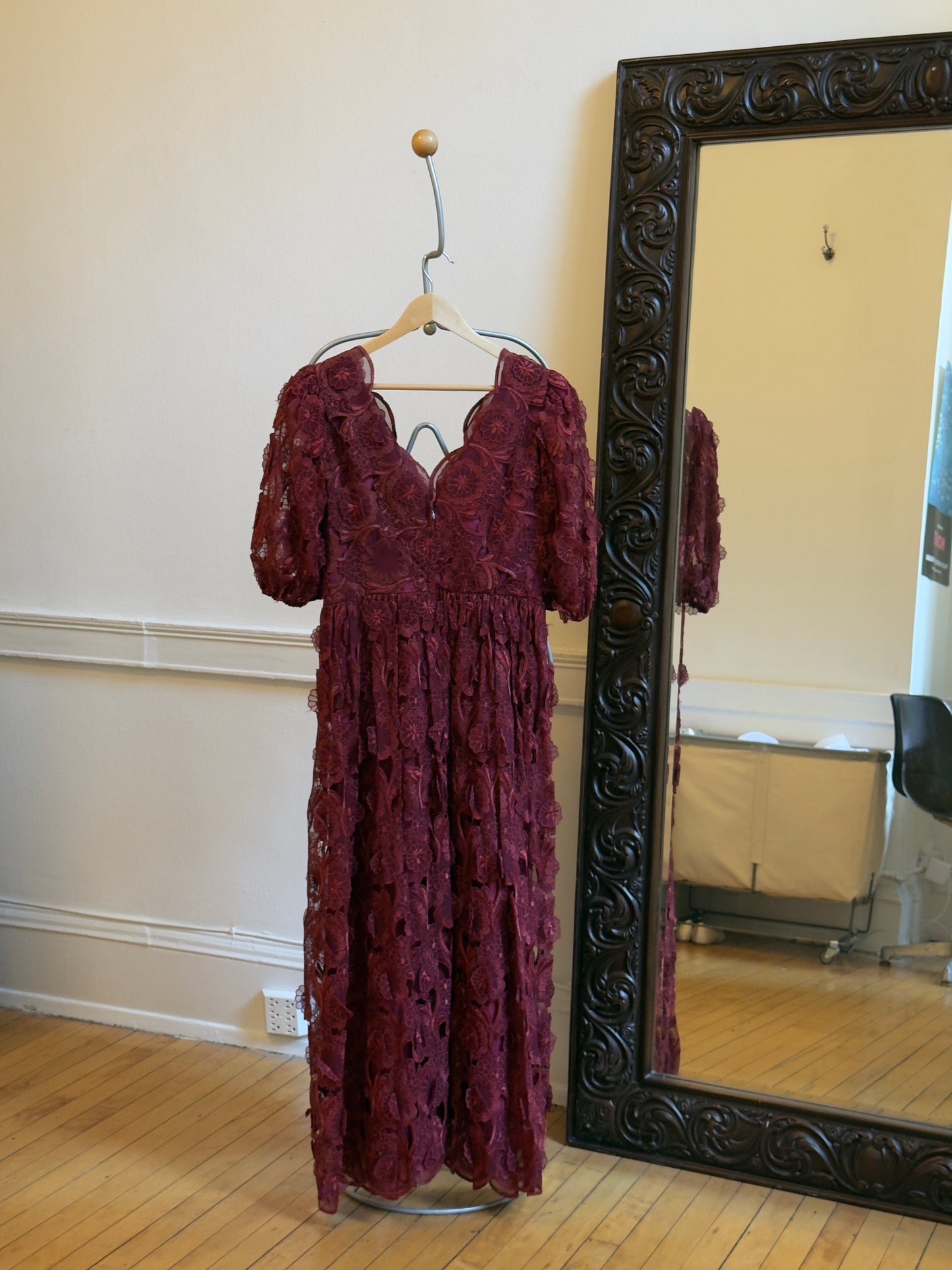 Vintage 70's Burgundy Red Embroidered Evening Dress