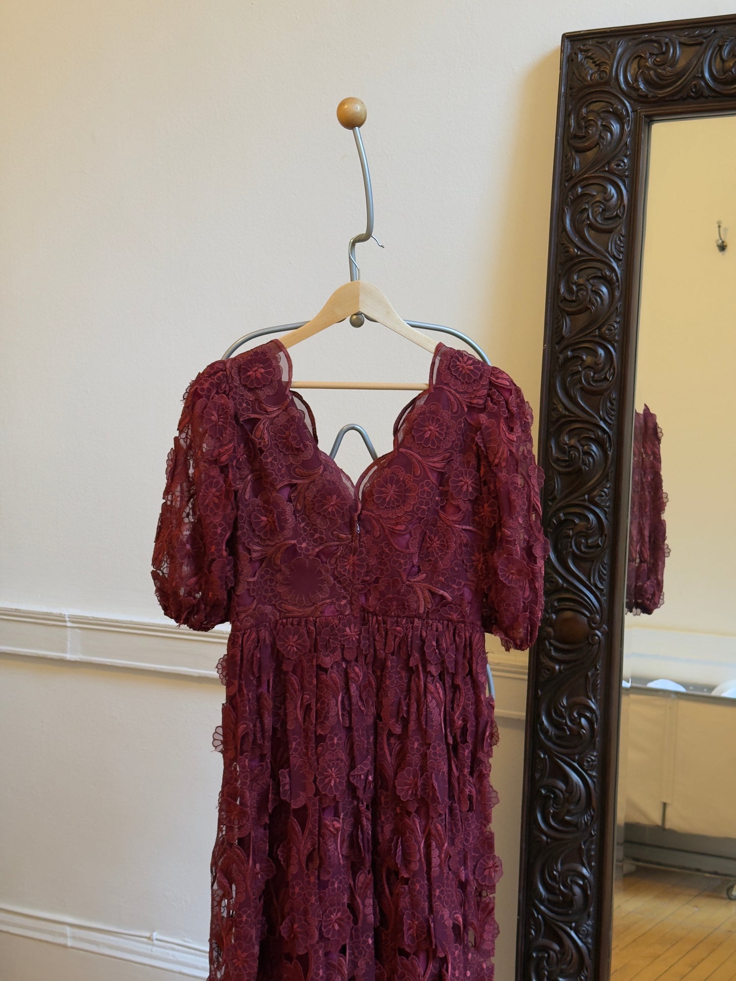 Vintage 70's Burgundy Red Embroidered Evening Dress