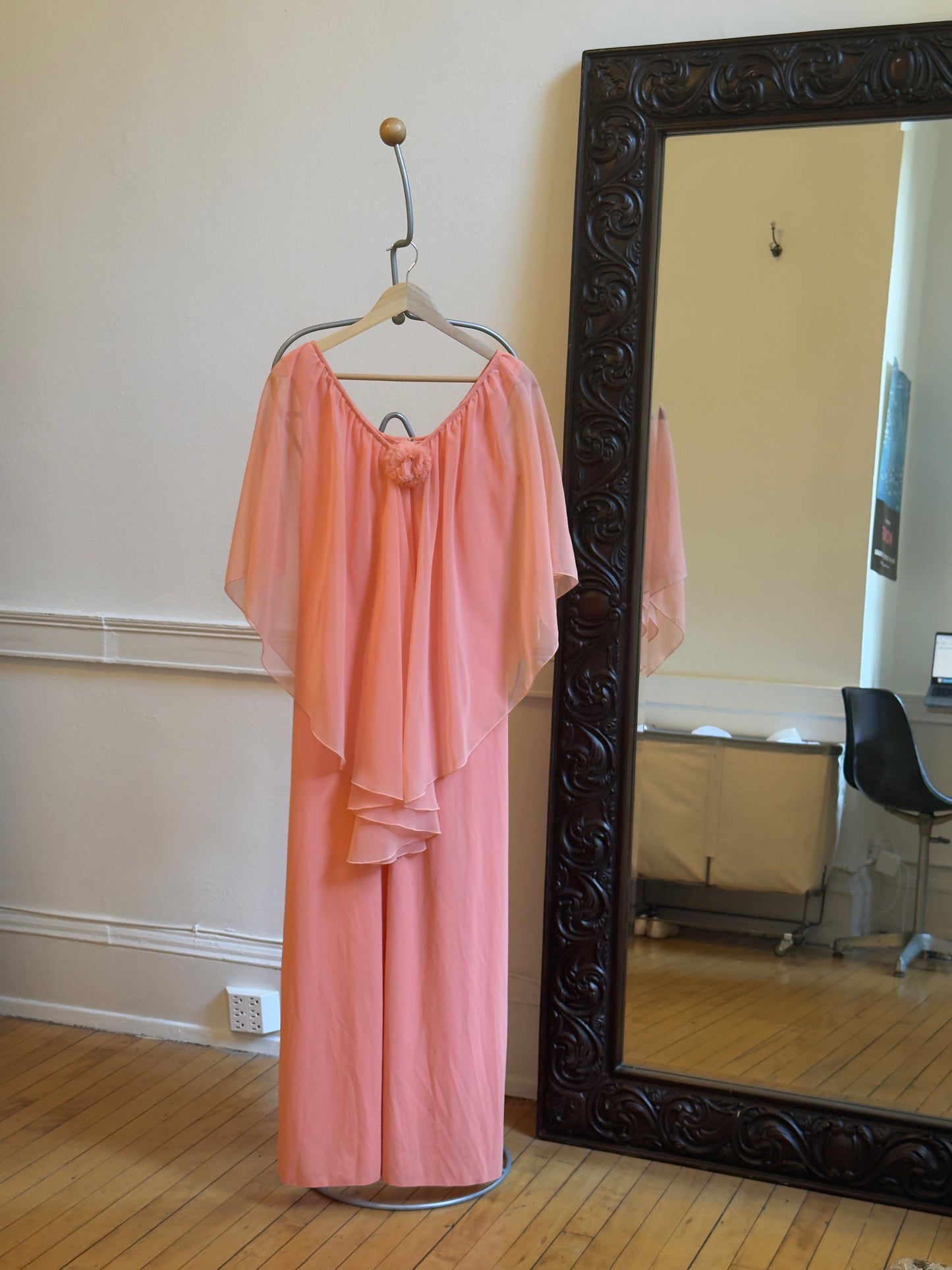 Vintage 70's Peachy Pink Evening Dress with Sheer Cape Overlay