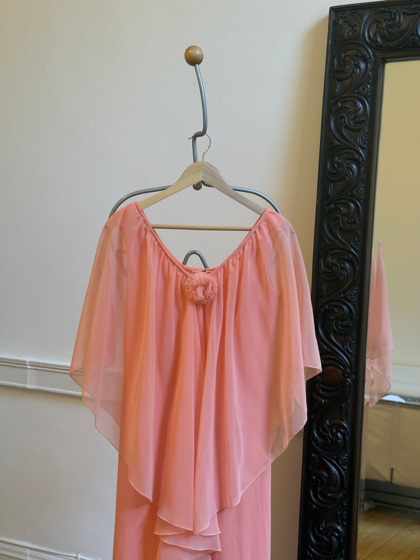 Vintage 70's Peachy Pink Evening Dress with Sheer Cape Overlay