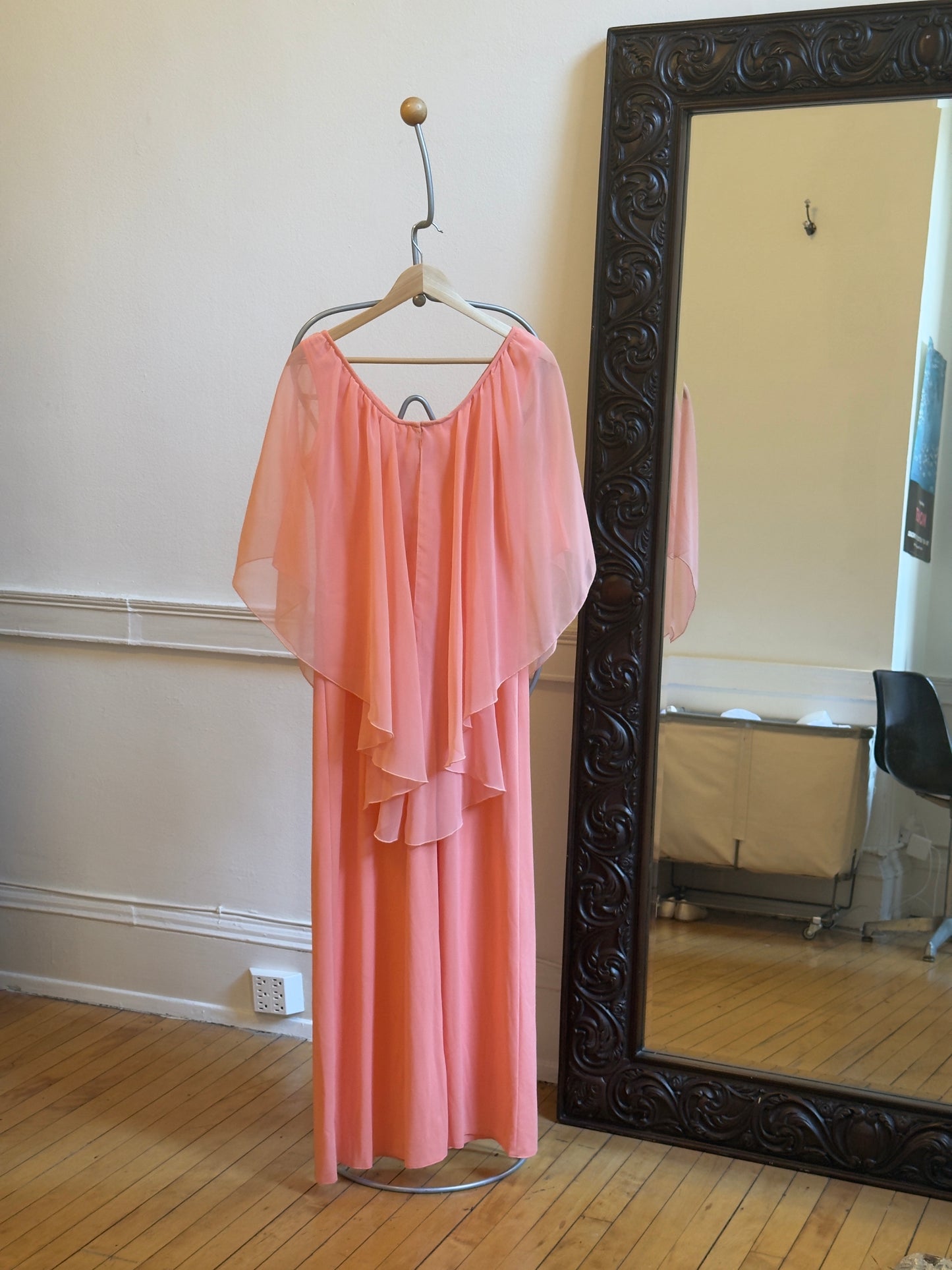 Vintage 70's Peachy Pink Evening Dress with Sheer Cape Overlay