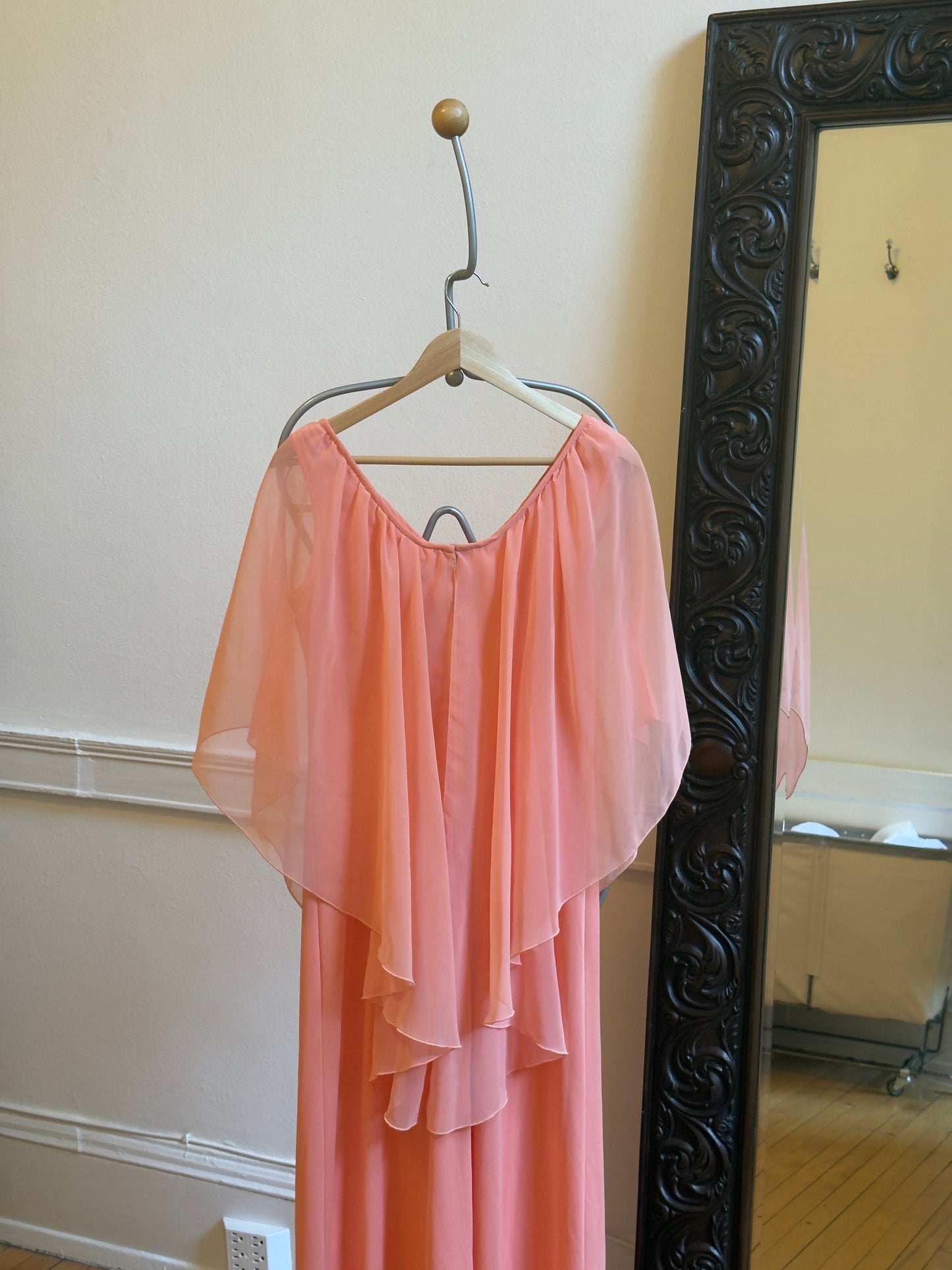 Vintage 70's Peachy Pink Evening Dress with Sheer Cape Overlay