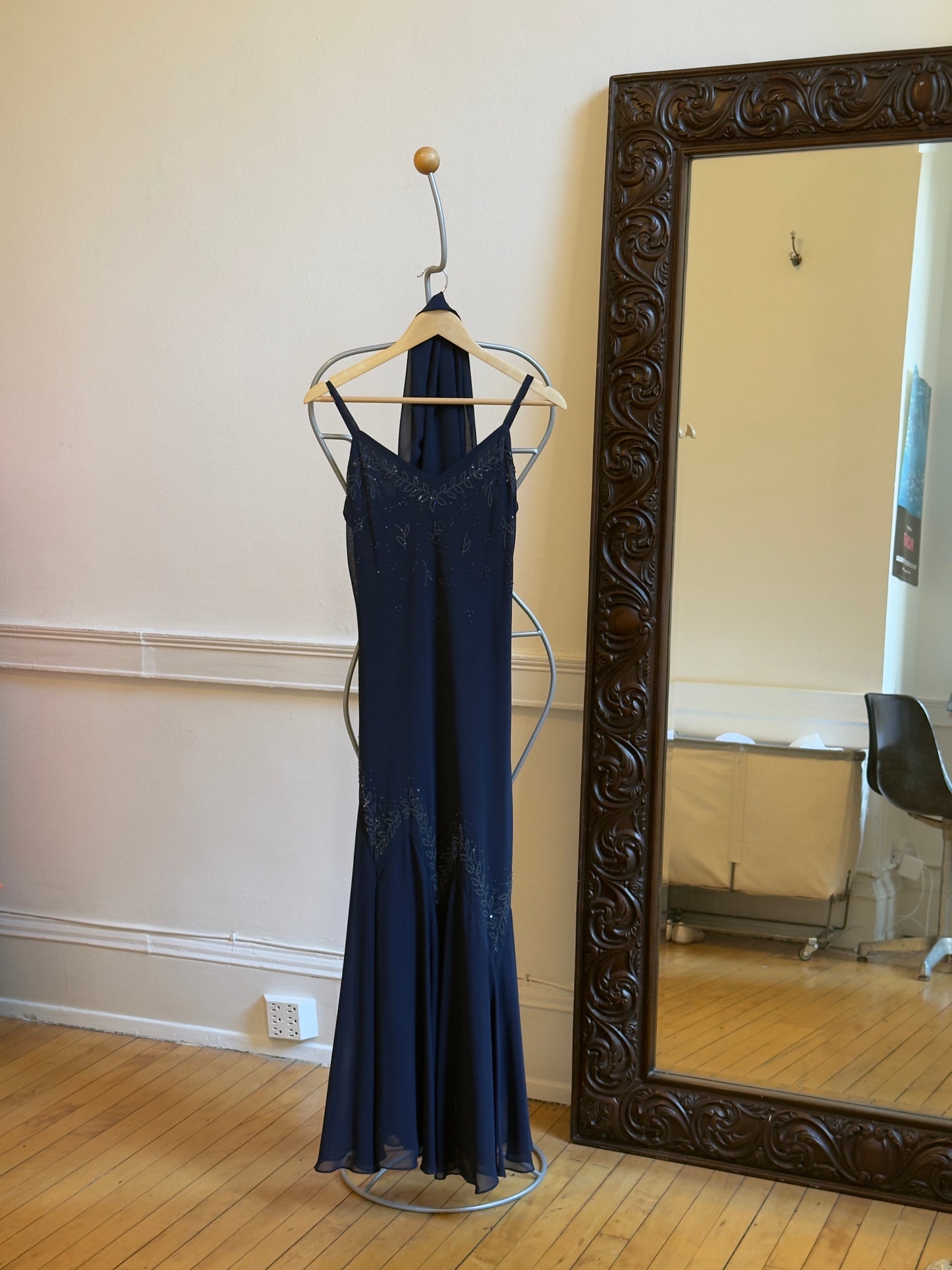 Vintage 90's Navy Beaded Chiffon Evening Dress with Neck Scarf