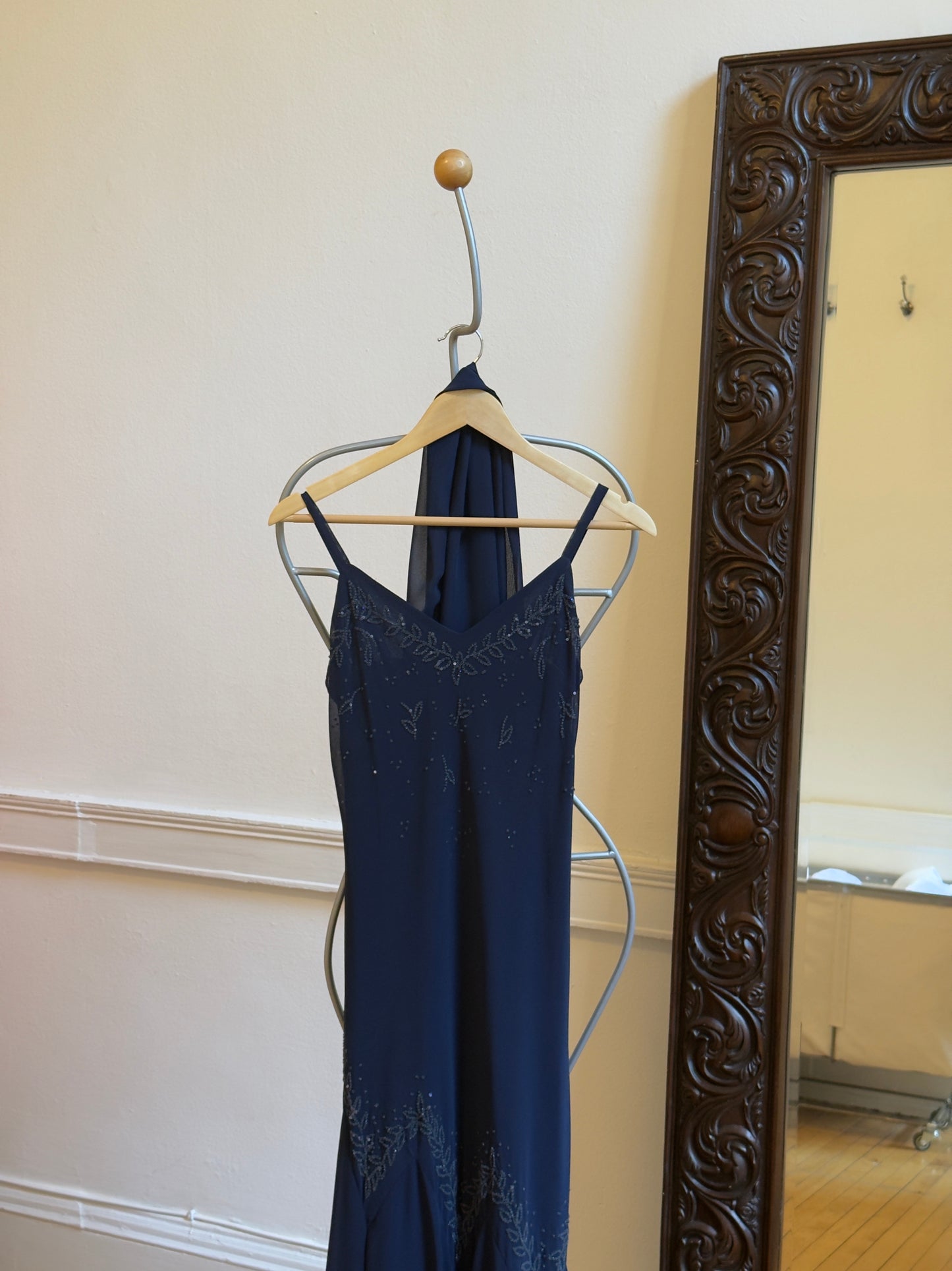 Vintage 90's Navy Beaded Chiffon Evening Dress with Neck Scarf
