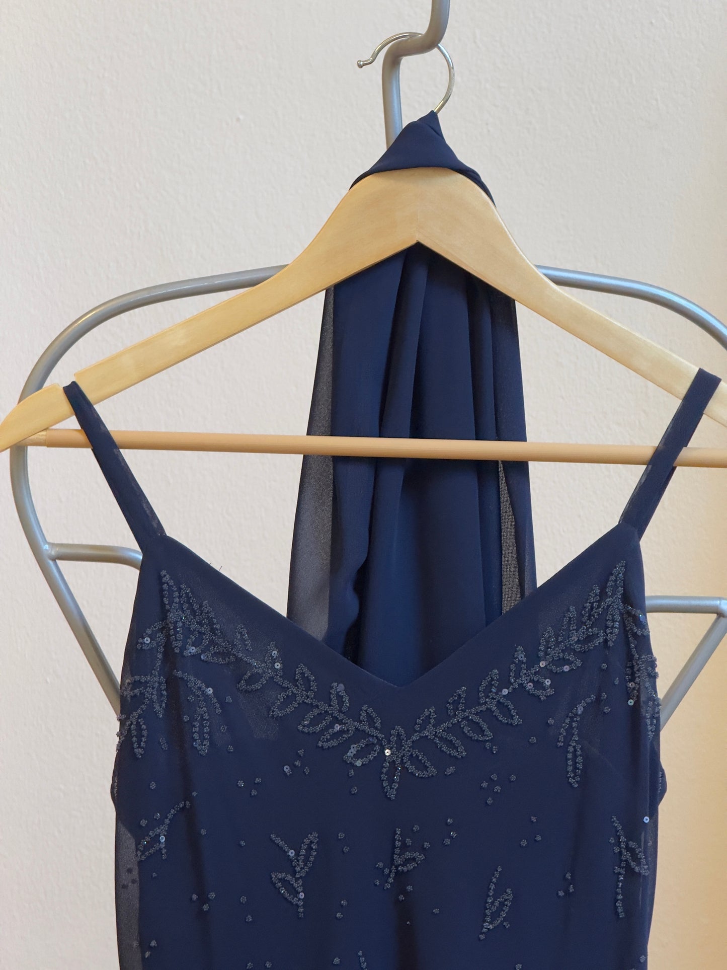 Vintage 90's Navy Beaded Chiffon Evening Dress with Neck Scarf