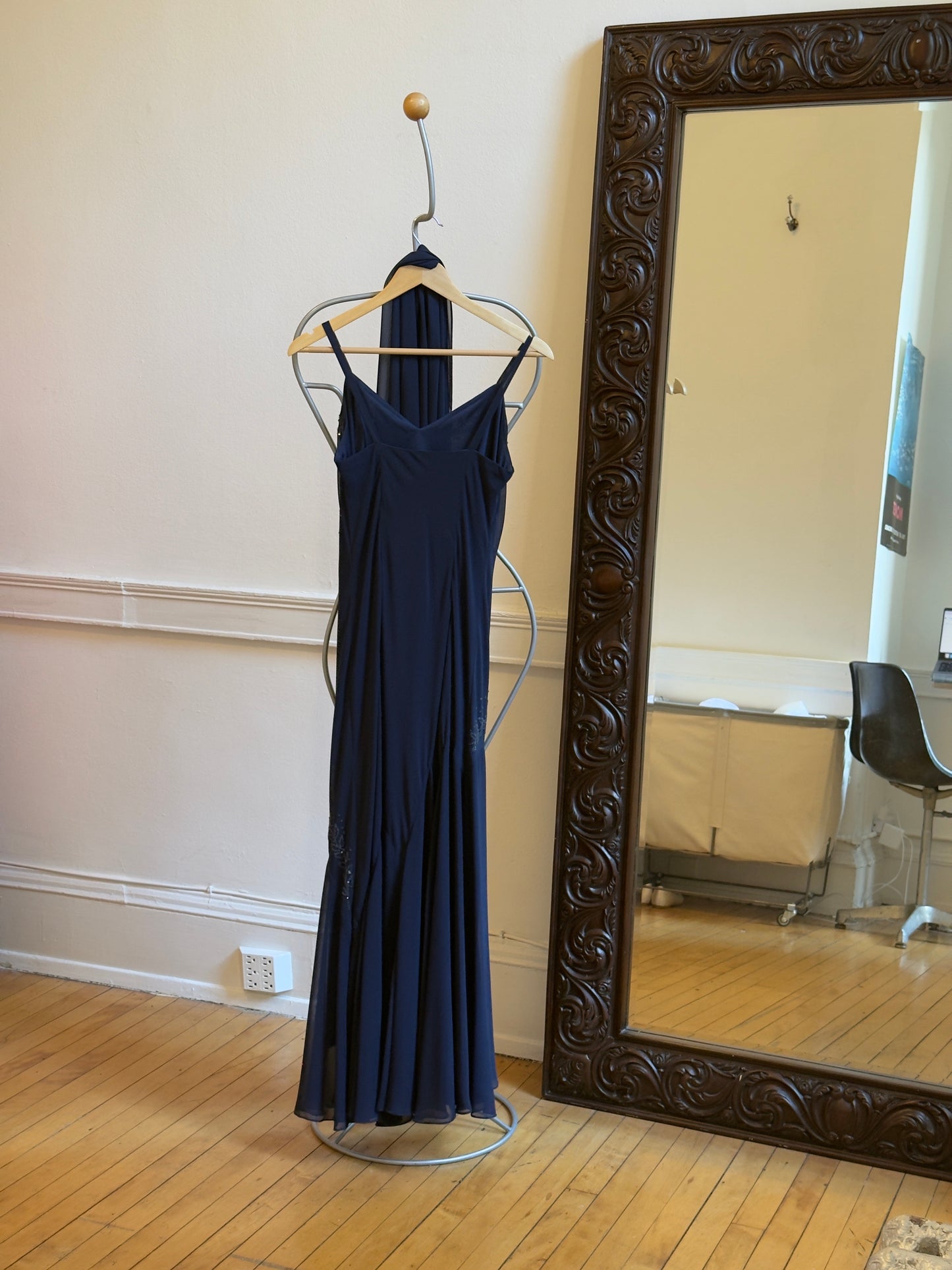 Vintage 90's Navy Beaded Chiffon Evening Dress with Neck Scarf