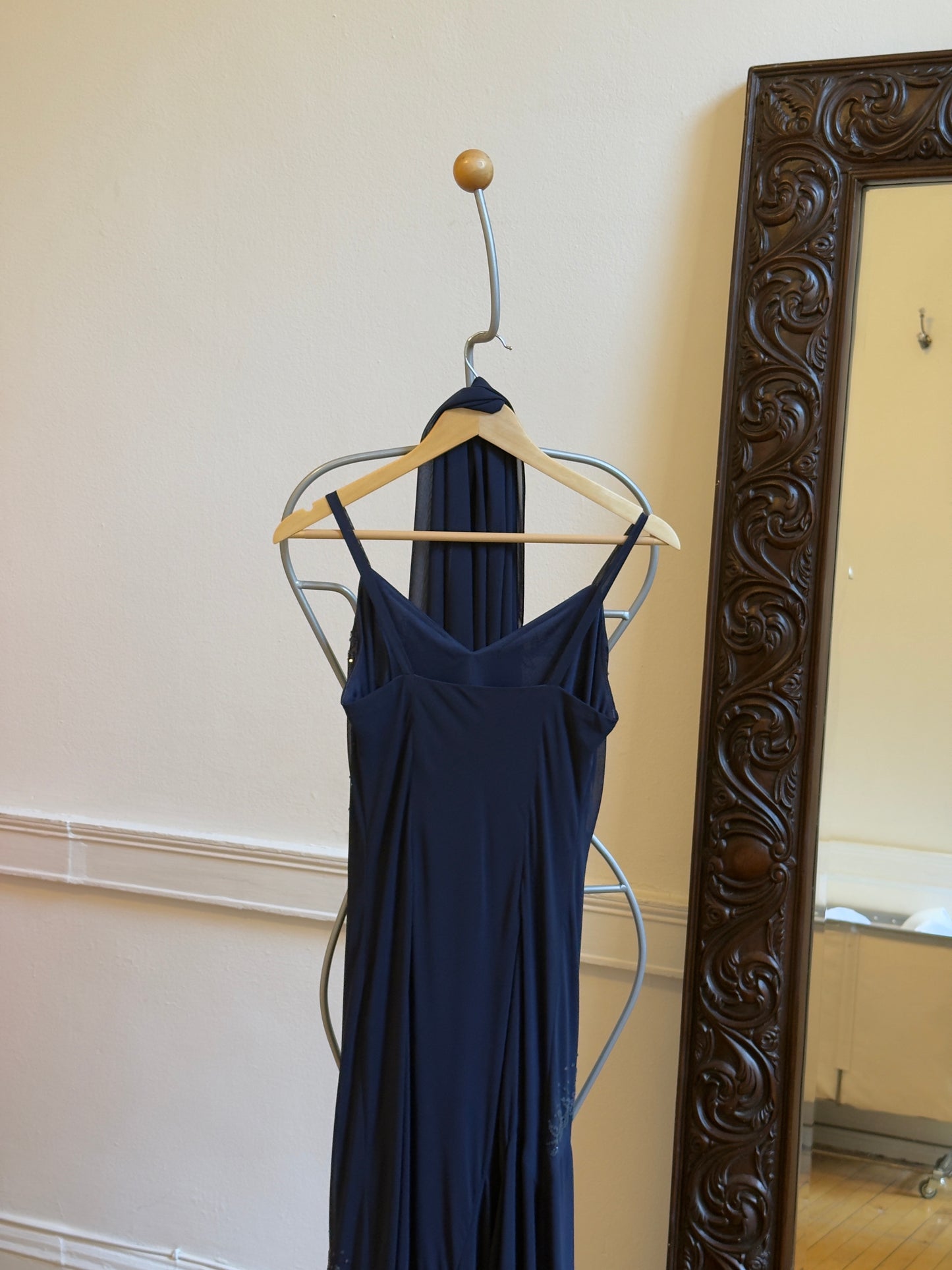 Vintage 90's Navy Beaded Chiffon Evening Dress with Neck Scarf