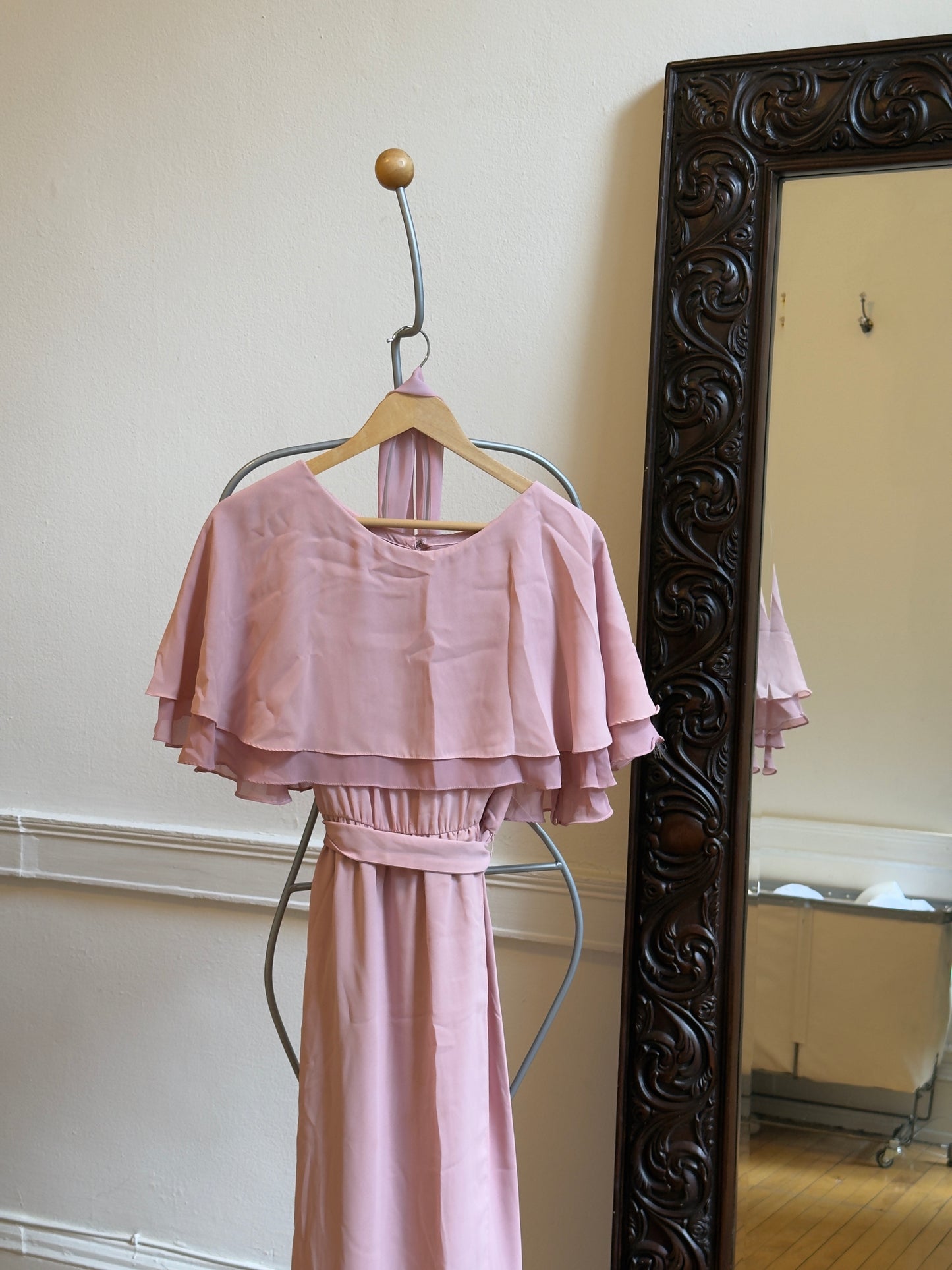 Vintage 60's Mauve Pink Chiffon Evening Dress with Neck Scarf