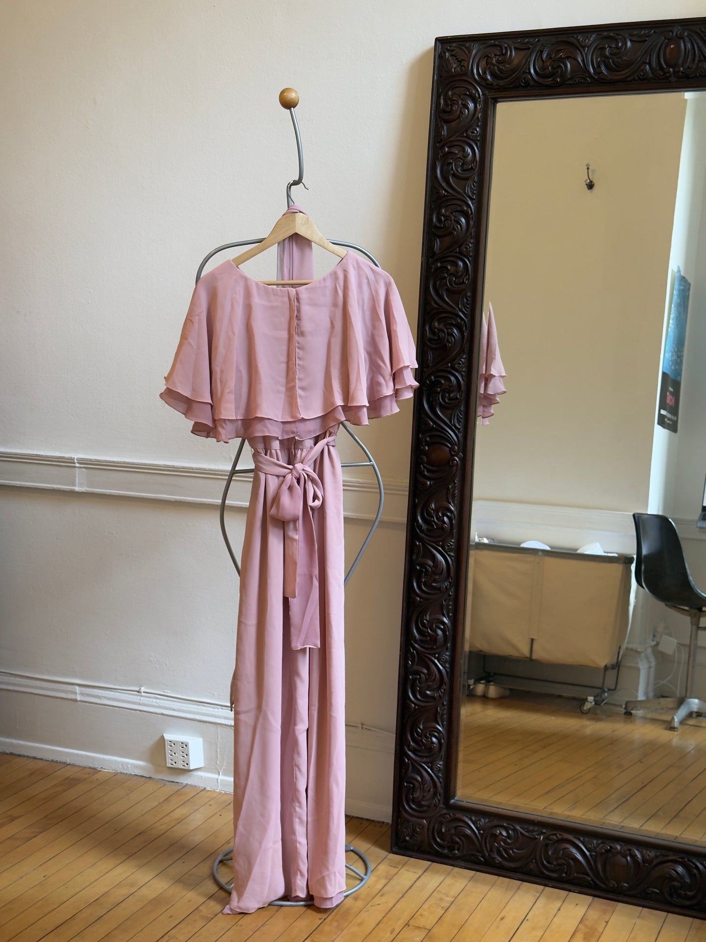 Vintage 60's Mauve Pink Chiffon Evening Dress with Neck Scarf