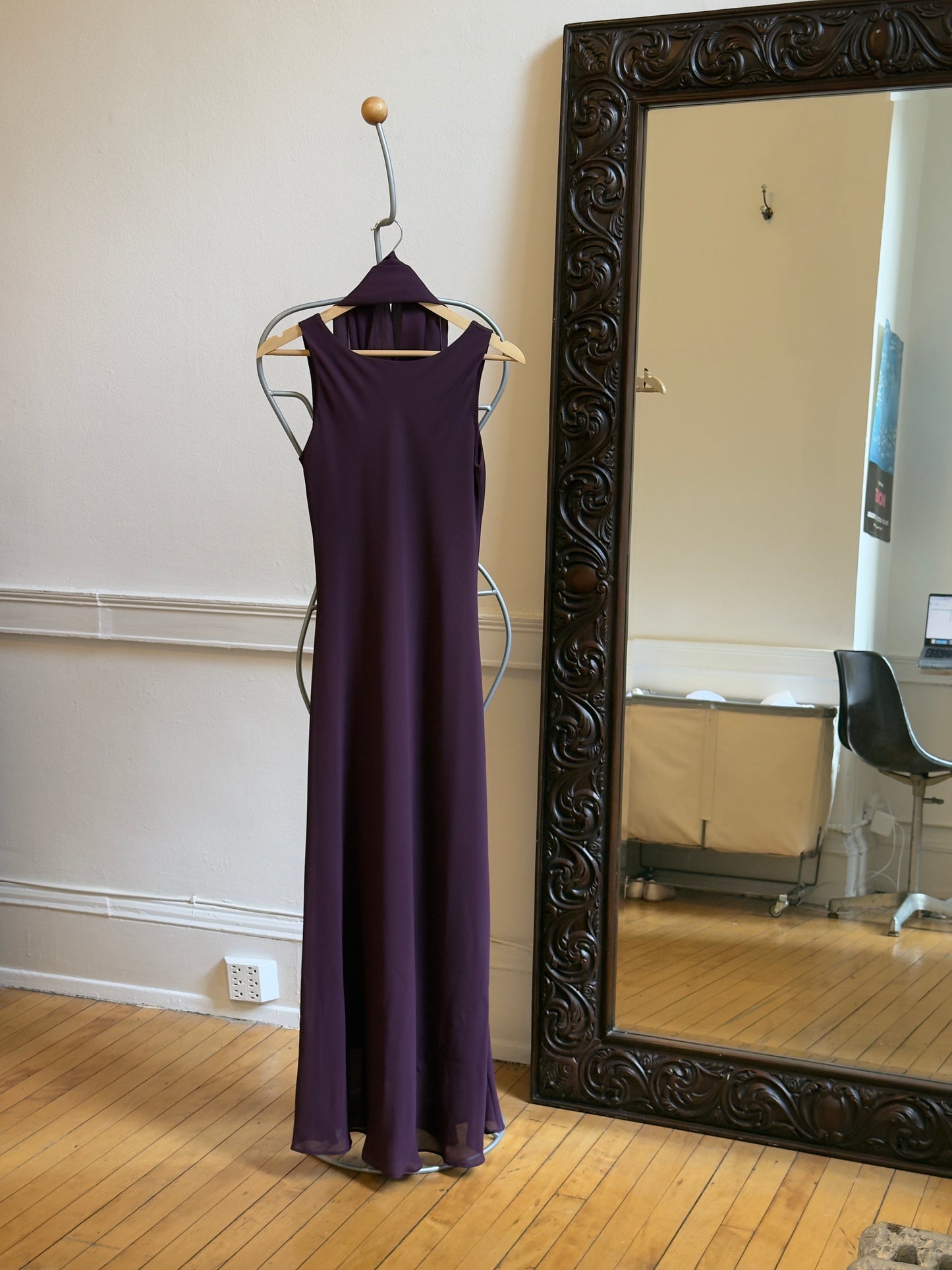 Vintage 90's Eggplant Purple Evening Dress with Neck Scarf