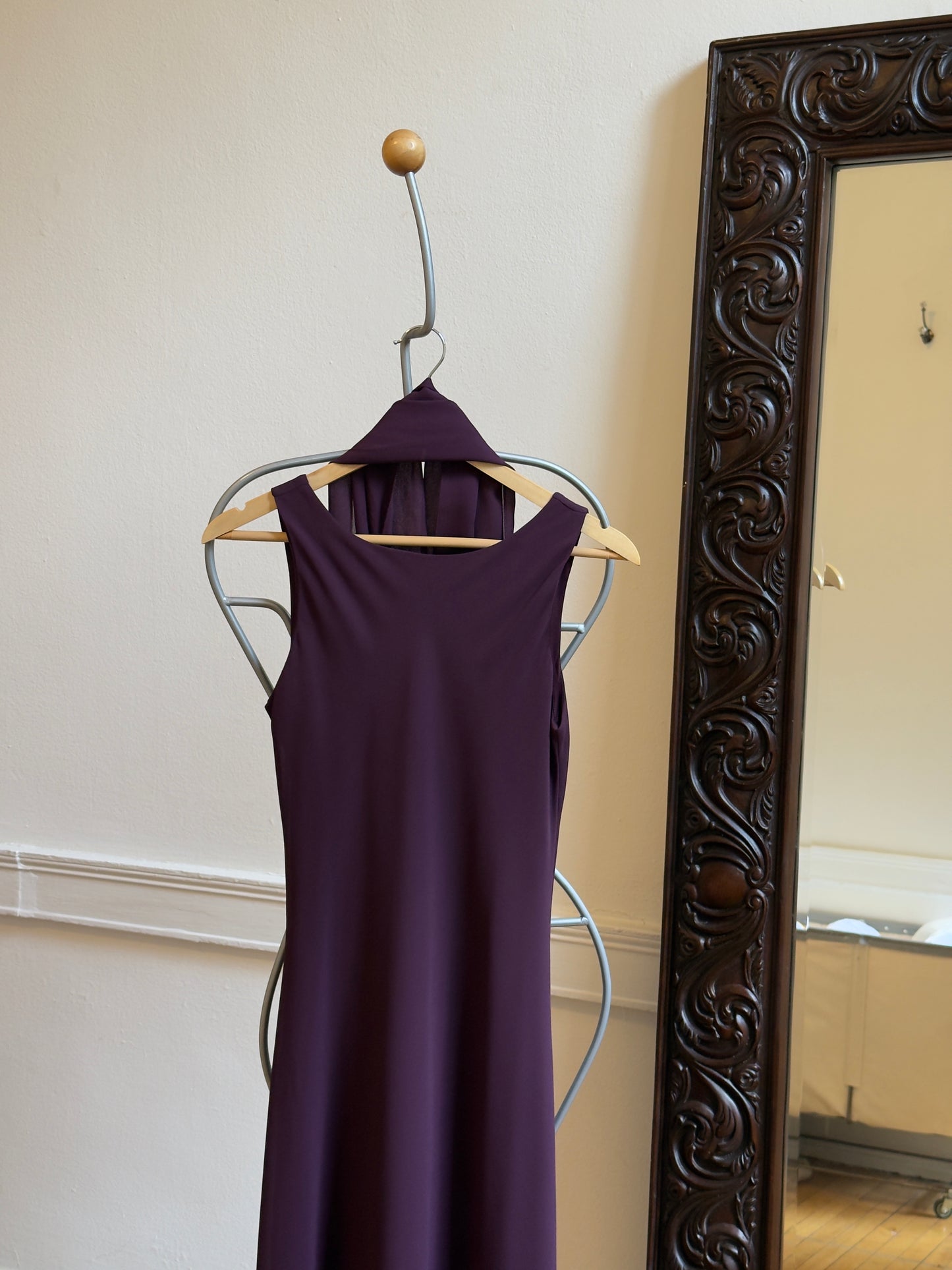 Vintage 90's Eggplant Purple Evening Dress with Neck Scarf