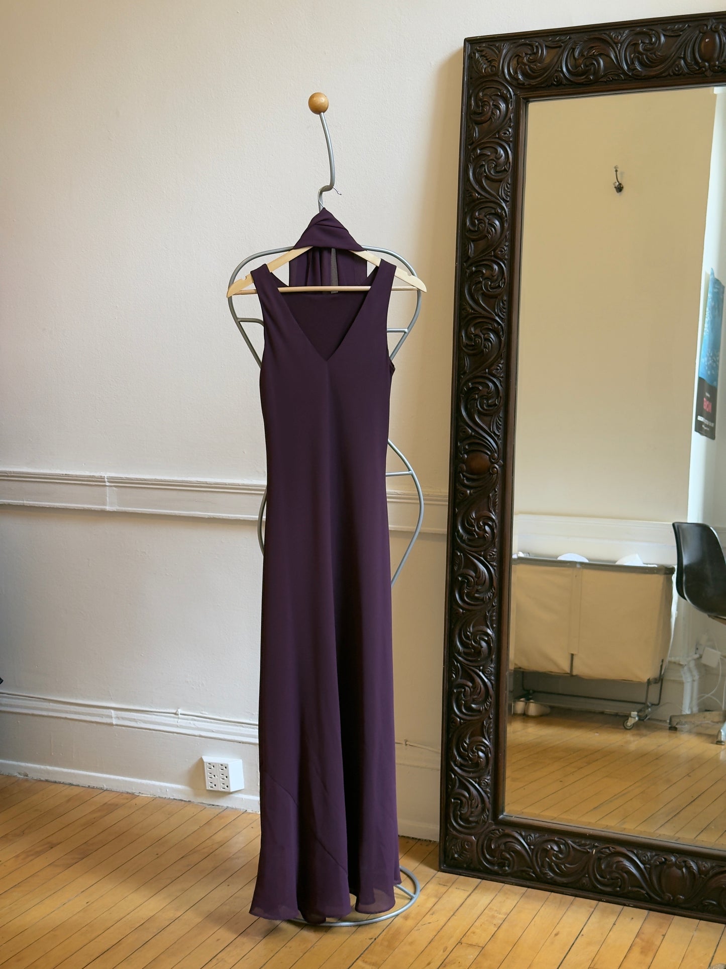 Vintage 90's Eggplant Purple Evening Dress with Neck Scarf