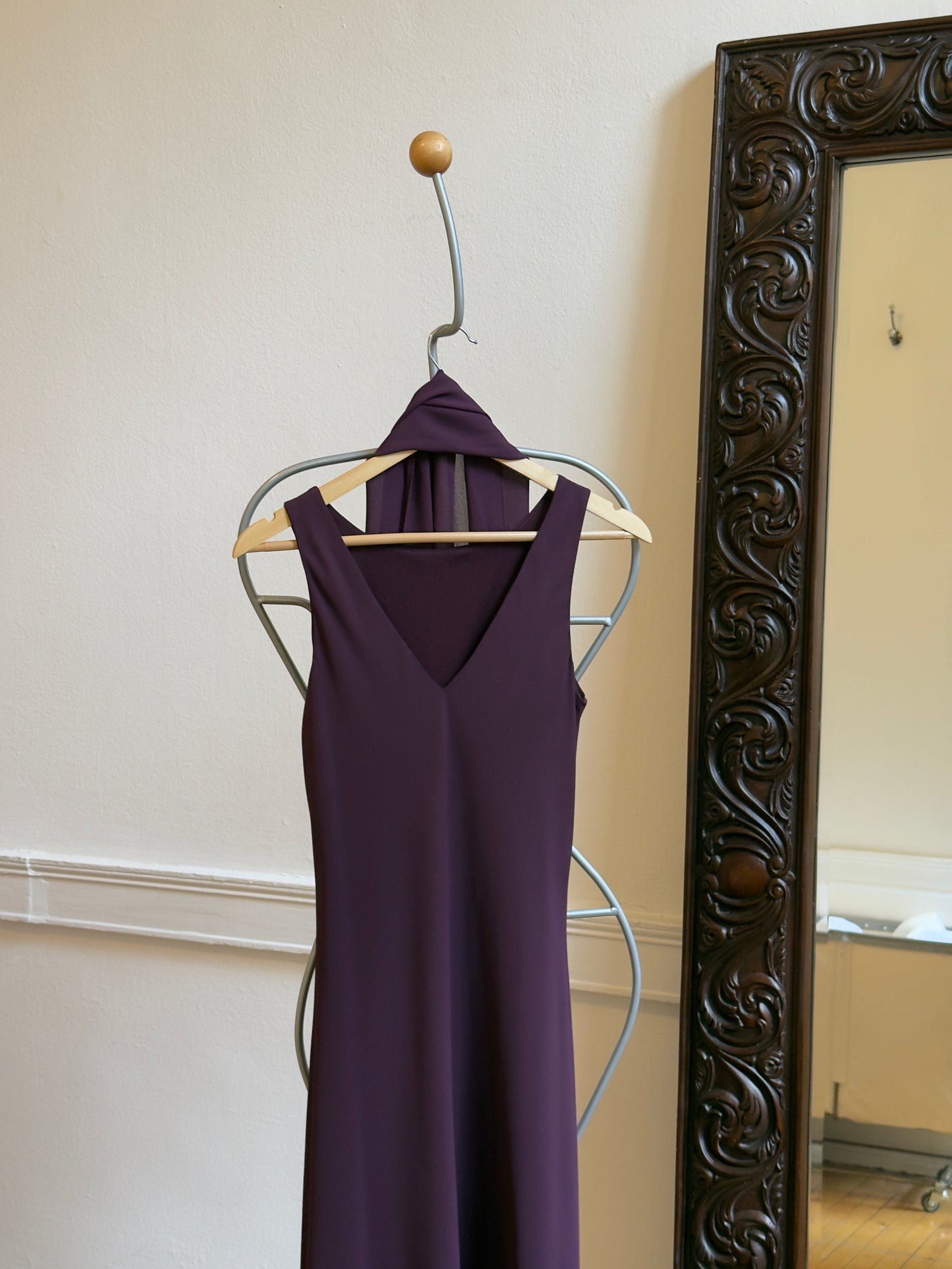 Vintage 90's Eggplant Purple Evening Dress with Neck Scarf