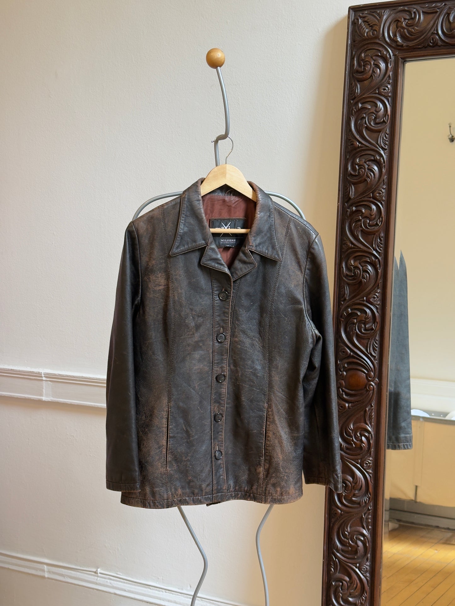 Vintage 90's Brown Distressed Button-Up Leather Jacket