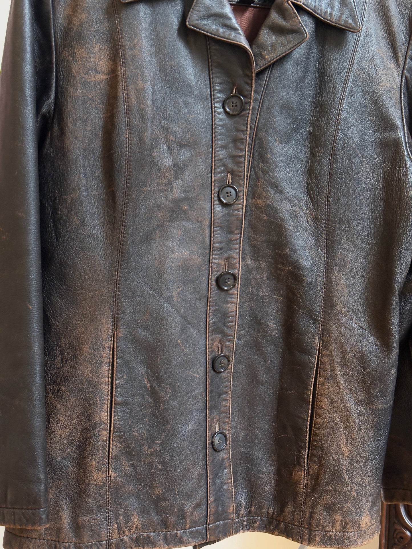 Vintage 90's Brown Distressed Button-Up Leather Jacket