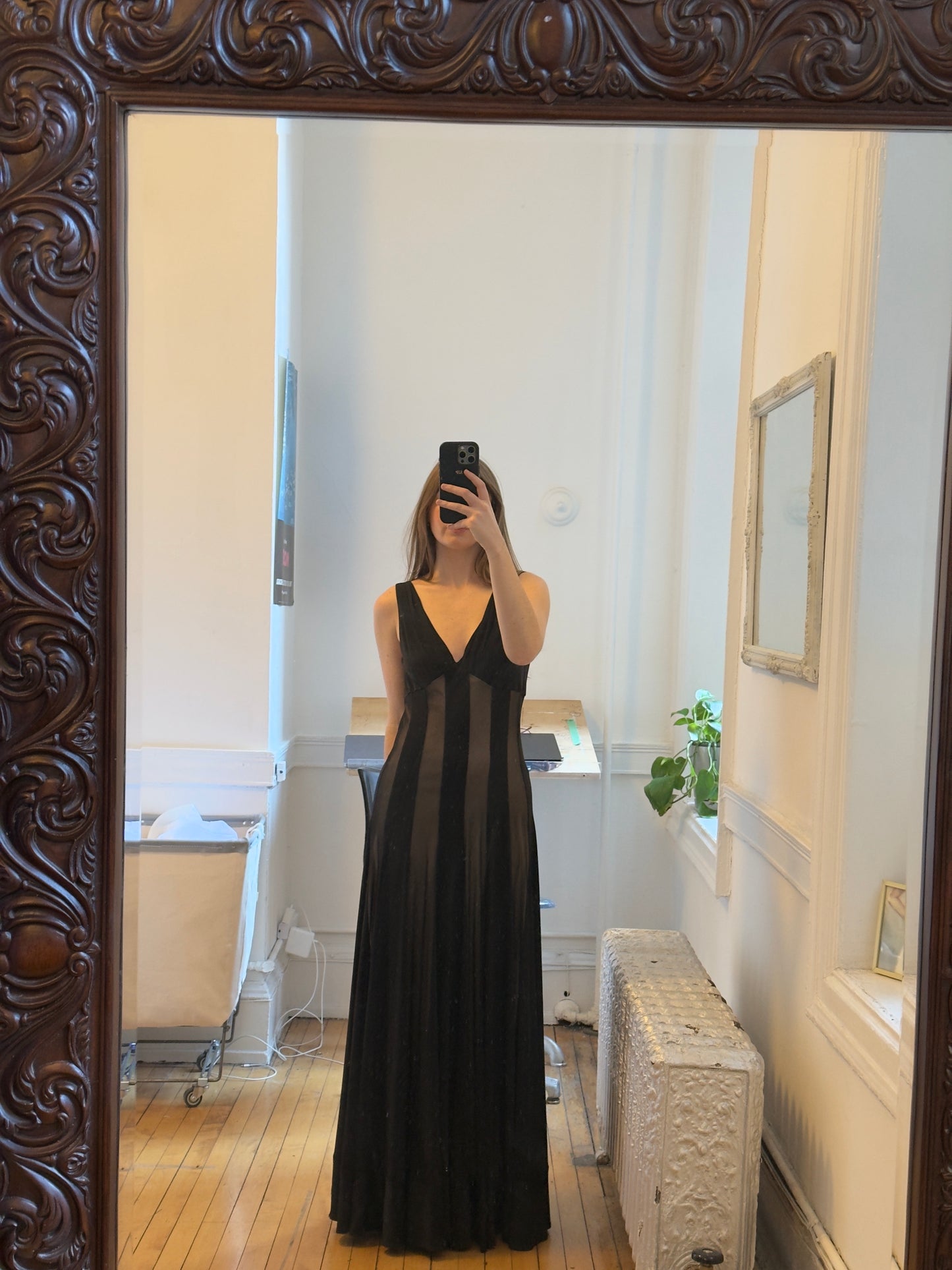Vintage 80's Black & Nude Striped Evening Dress