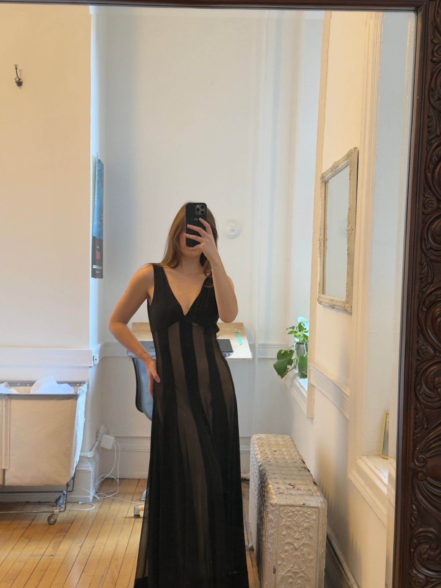 Vintage 80's Black & Nude Striped Evening Dress