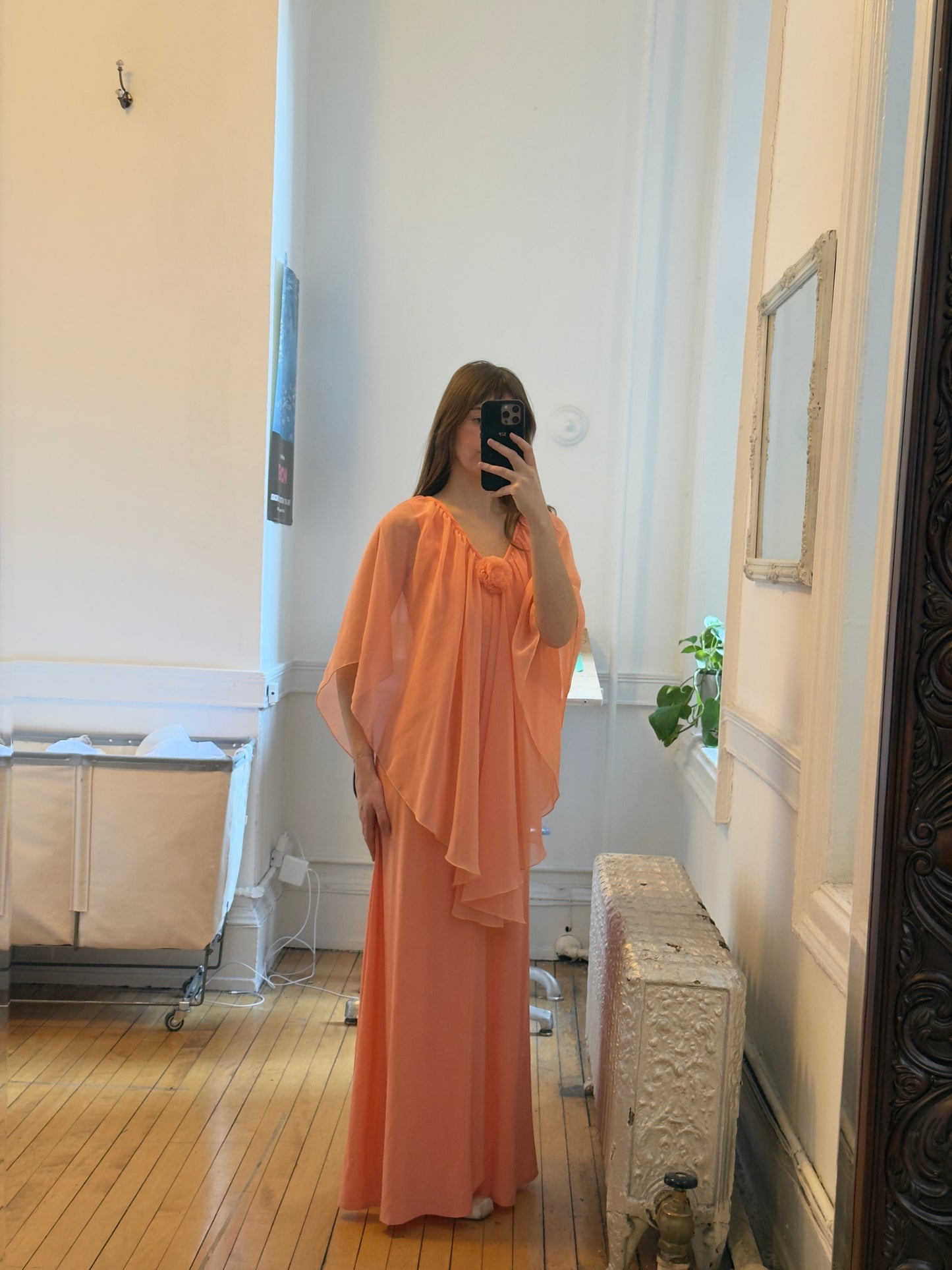 Vintage 70's Peachy Pink Evening Dress with Sheer Cape Overlay