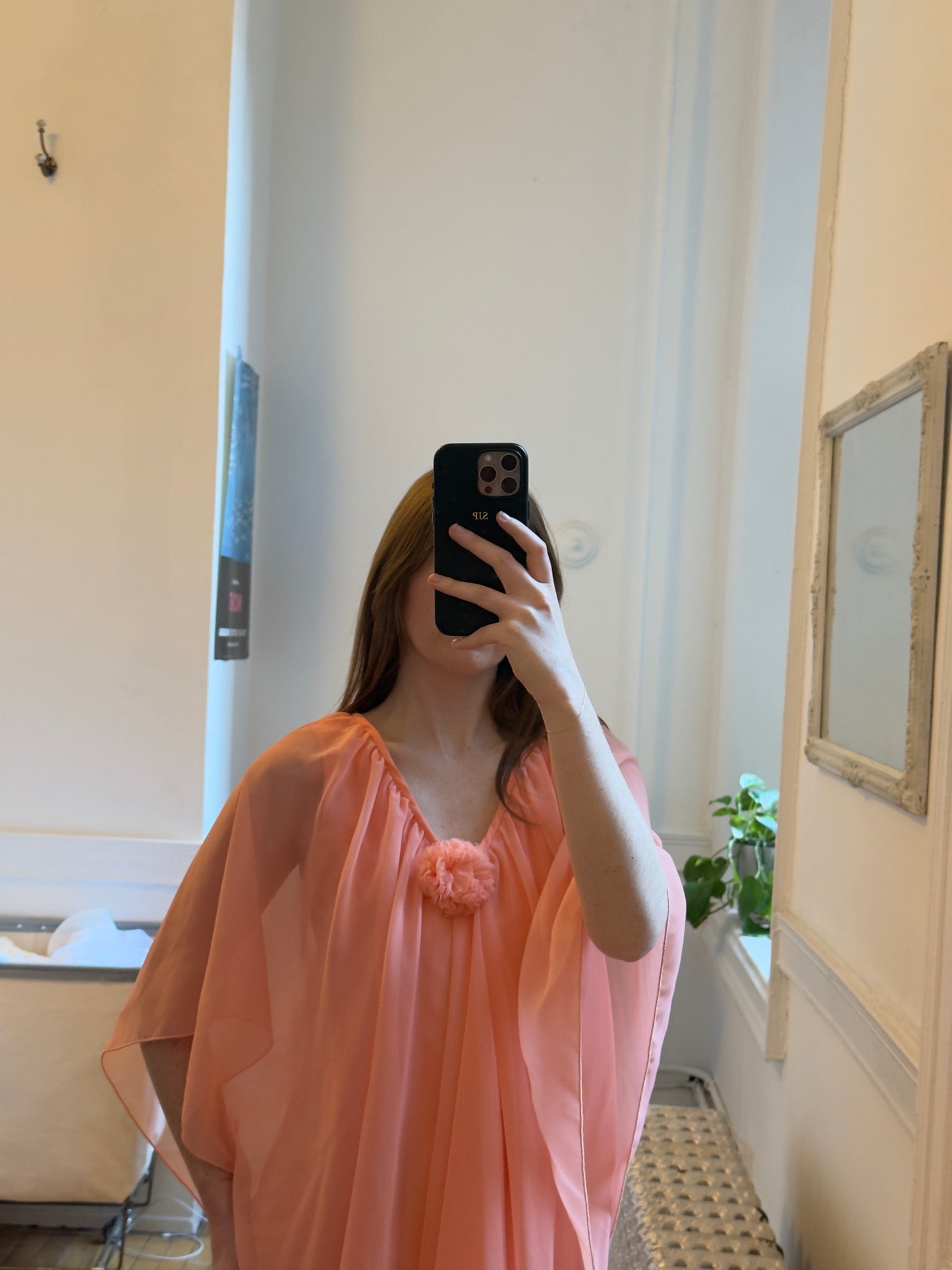 Vintage 70's Peachy Pink Evening Dress with Sheer Cape Overlay